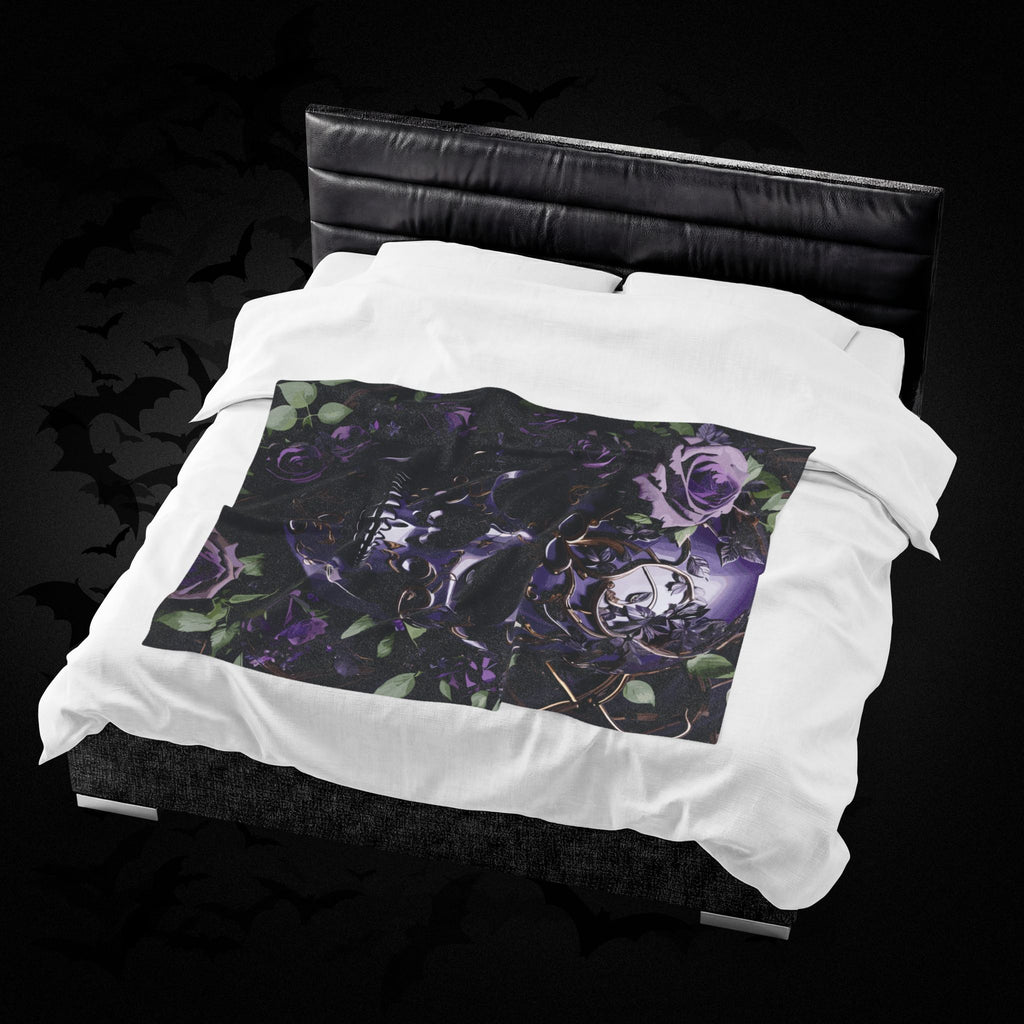 Gothic Black & Purple Botanical Skull Throw Blanket — Dark Floral Home Decor