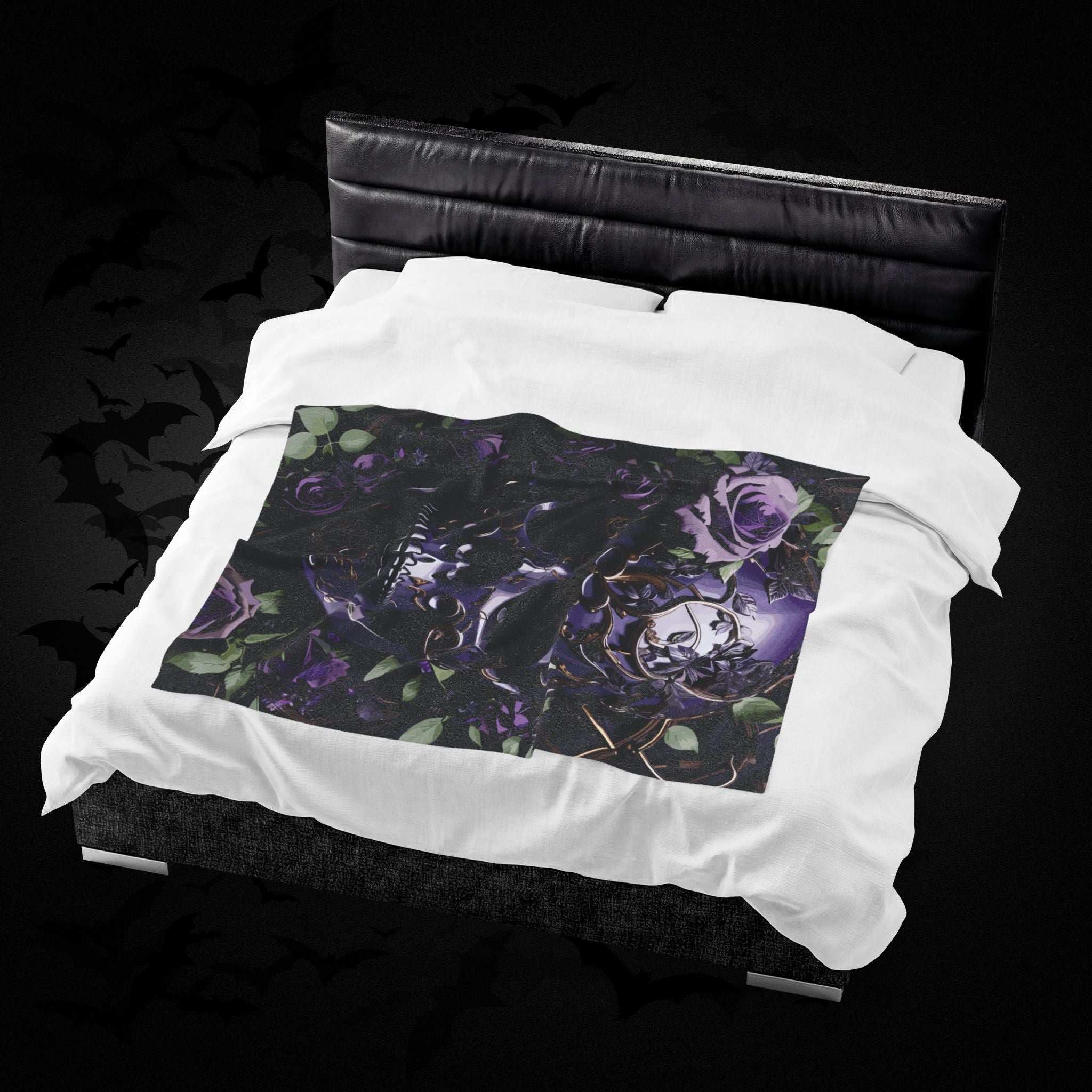 Gothic Black & Purple Botanical Skull Throw Blanket — Dark Floral Home Decor