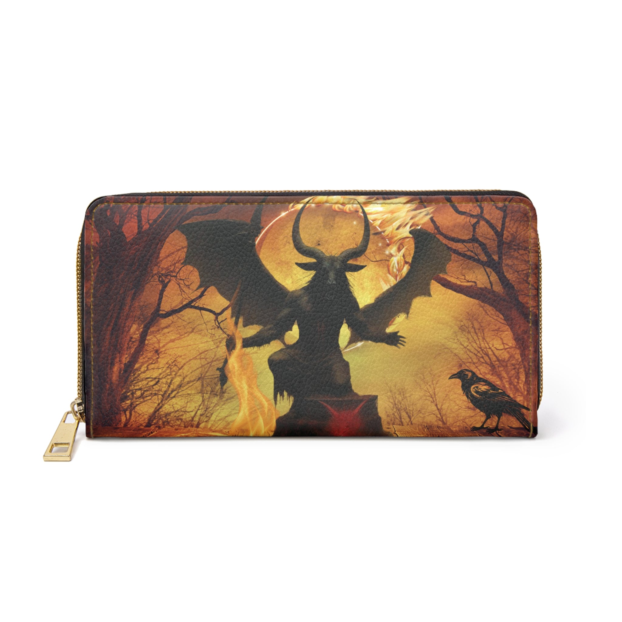 Gothic Baphomet Demon Wallet | Occult Firestorm Faux Leather Zipper Clutch