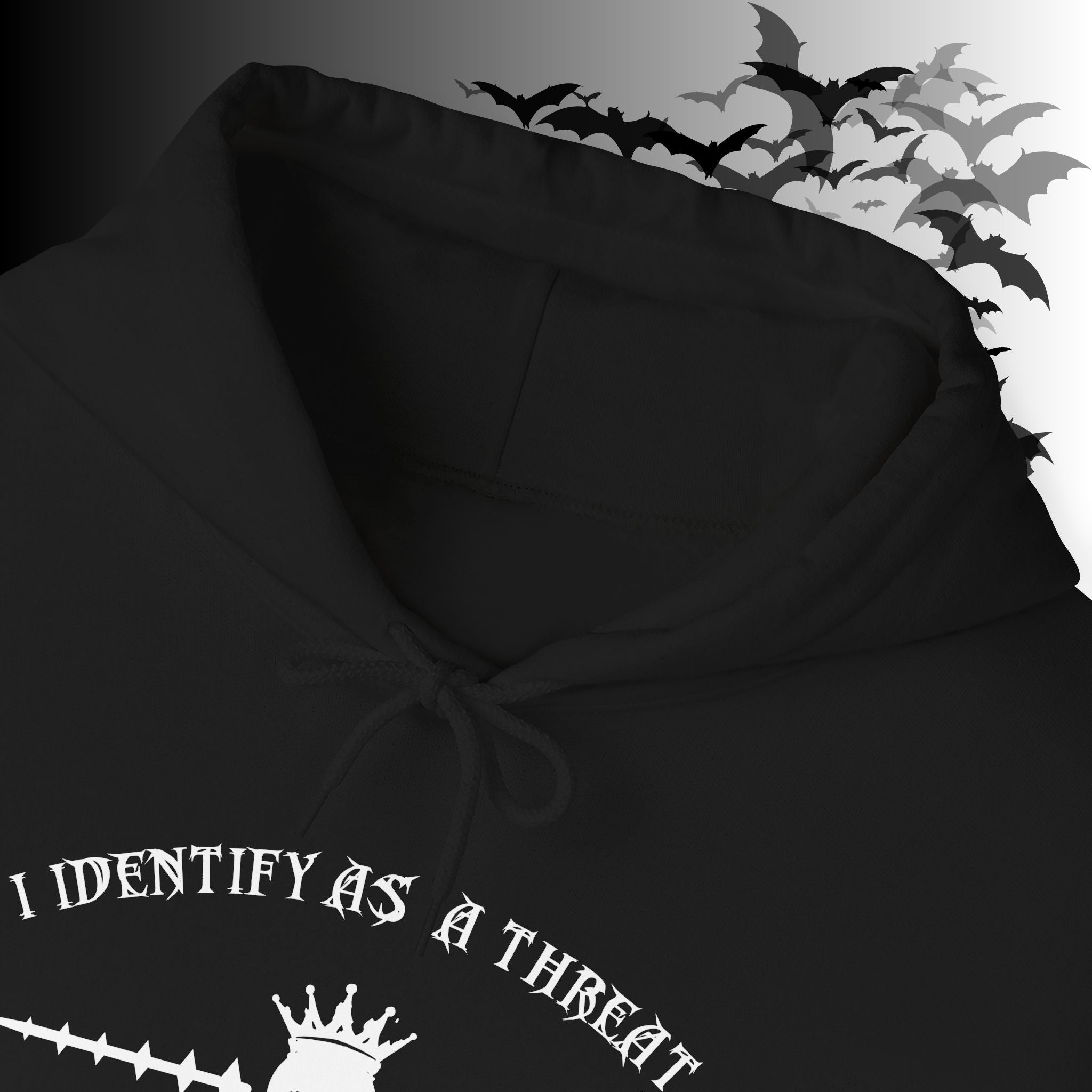 I Identify As a Threat Hoodie — Gothic Skull Sleeve Print FAFO Black