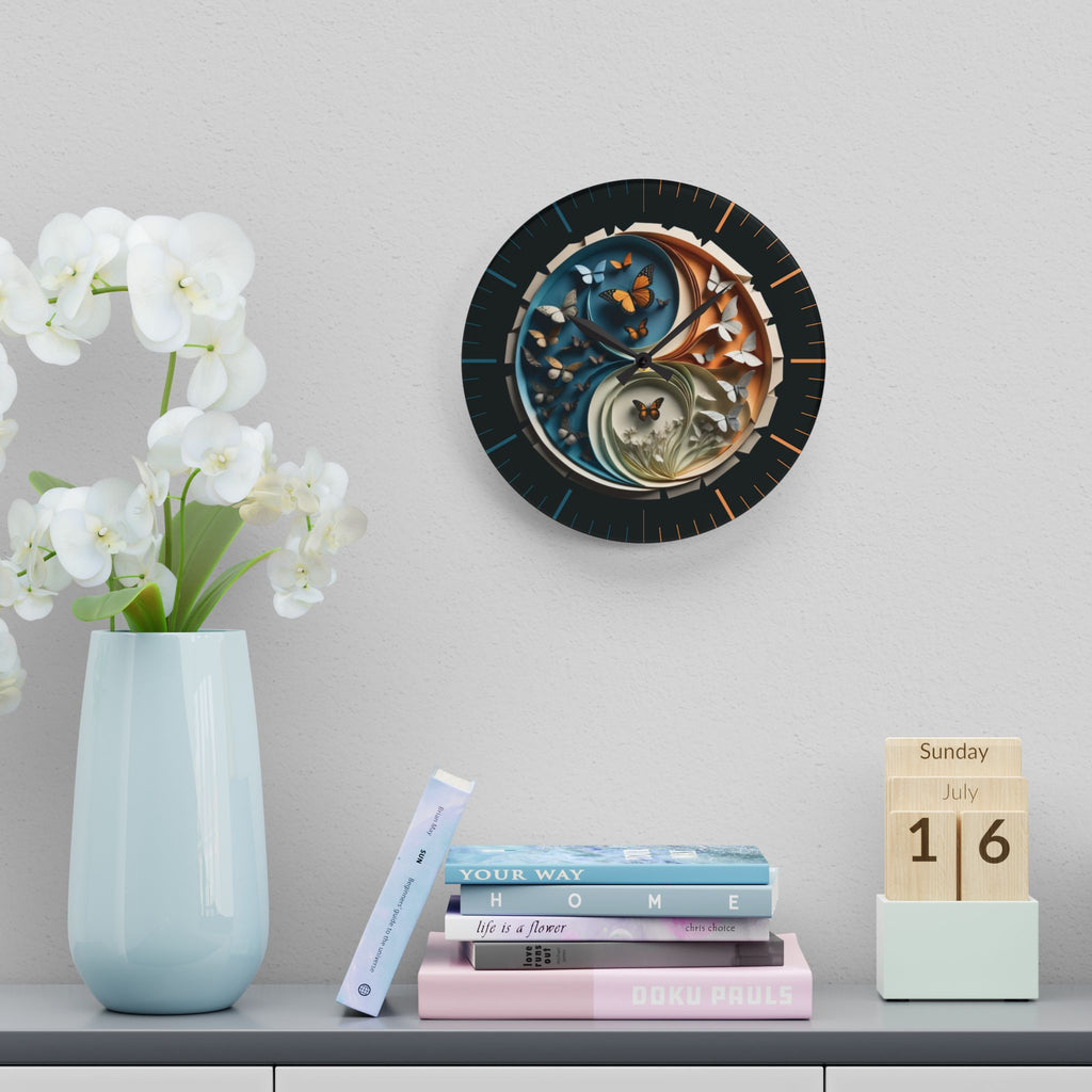 Origami Style Yin Yang Butterfly Acrylic Art Print Wall Clock Teal Orange — NOT Real Origami, Zen Home Decor