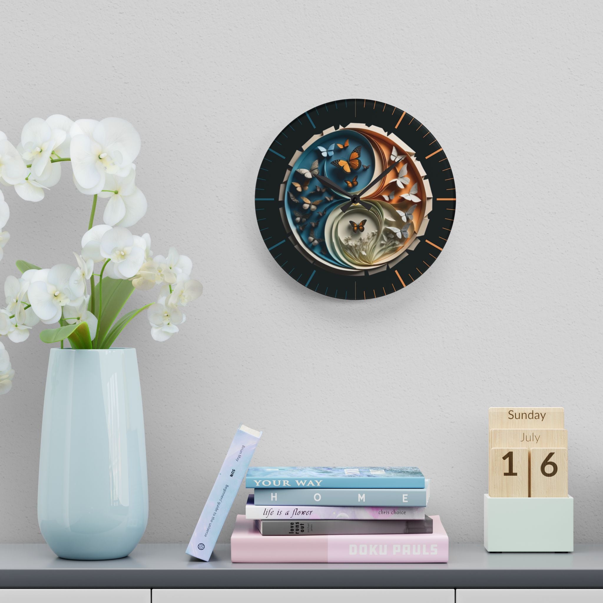 Origami Style Yin Yang Butterfly Acrylic Art Print Wall Clock Teal Orange — NOT Real Origami, Zen Home Decor