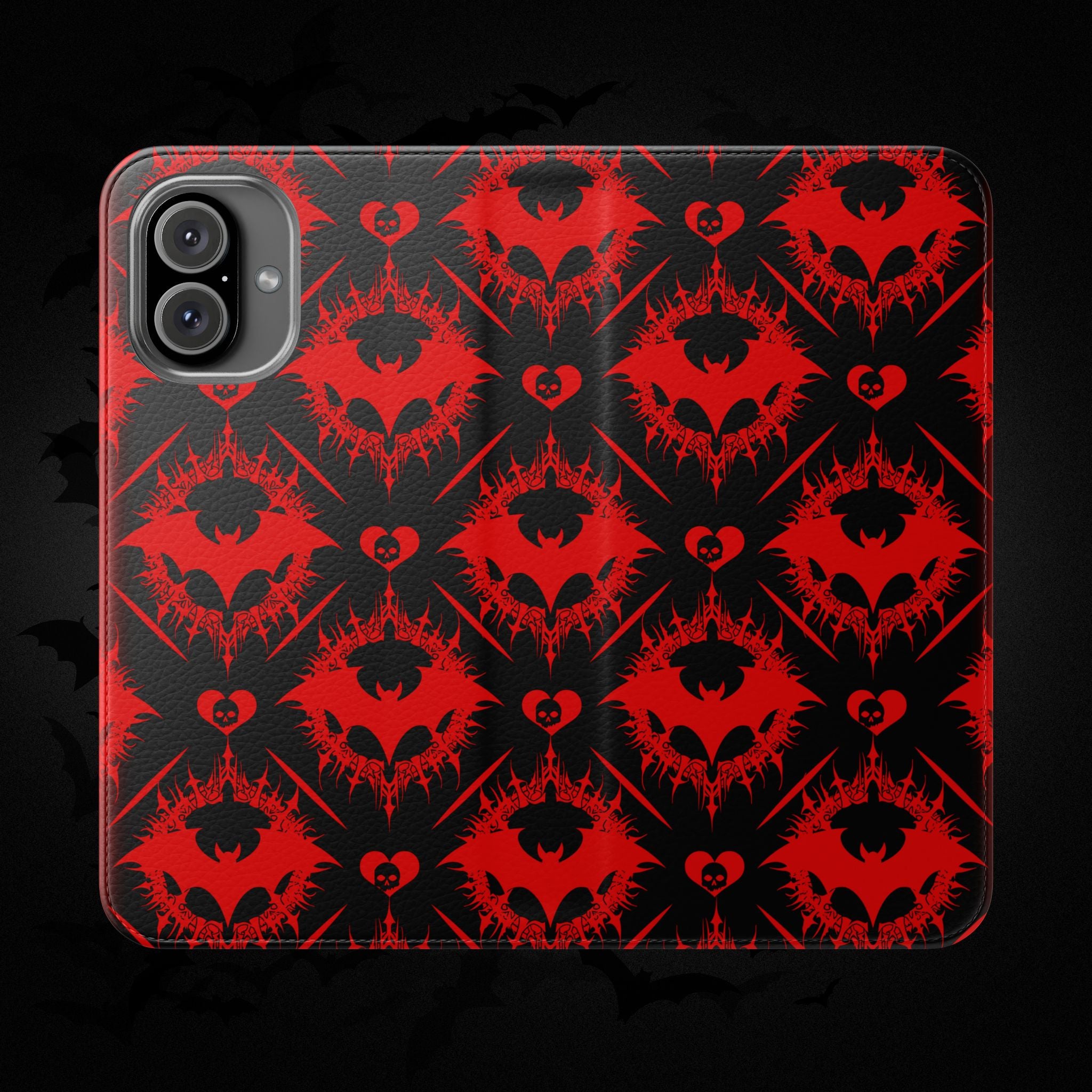 Gothic Bat Wallet Flip Case - Elegant Goth Phone Wallet - Bat Pattern Flip Case - Gothic Phone Case - Stylish Wallet Phone Case