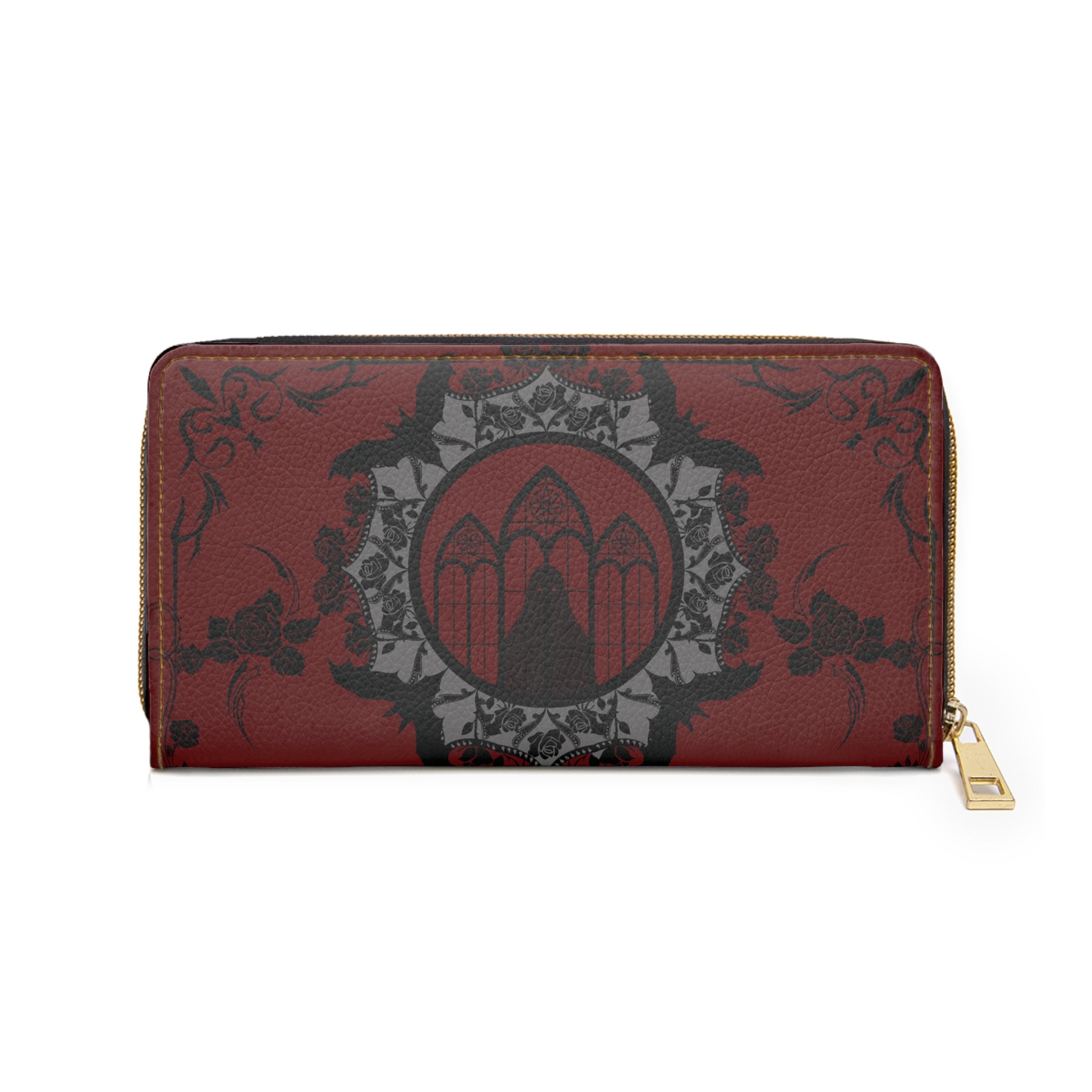 Gothic Cathedral Bat Mandala Wallet | Crimson Rose Faux Leather Zipper Clutch