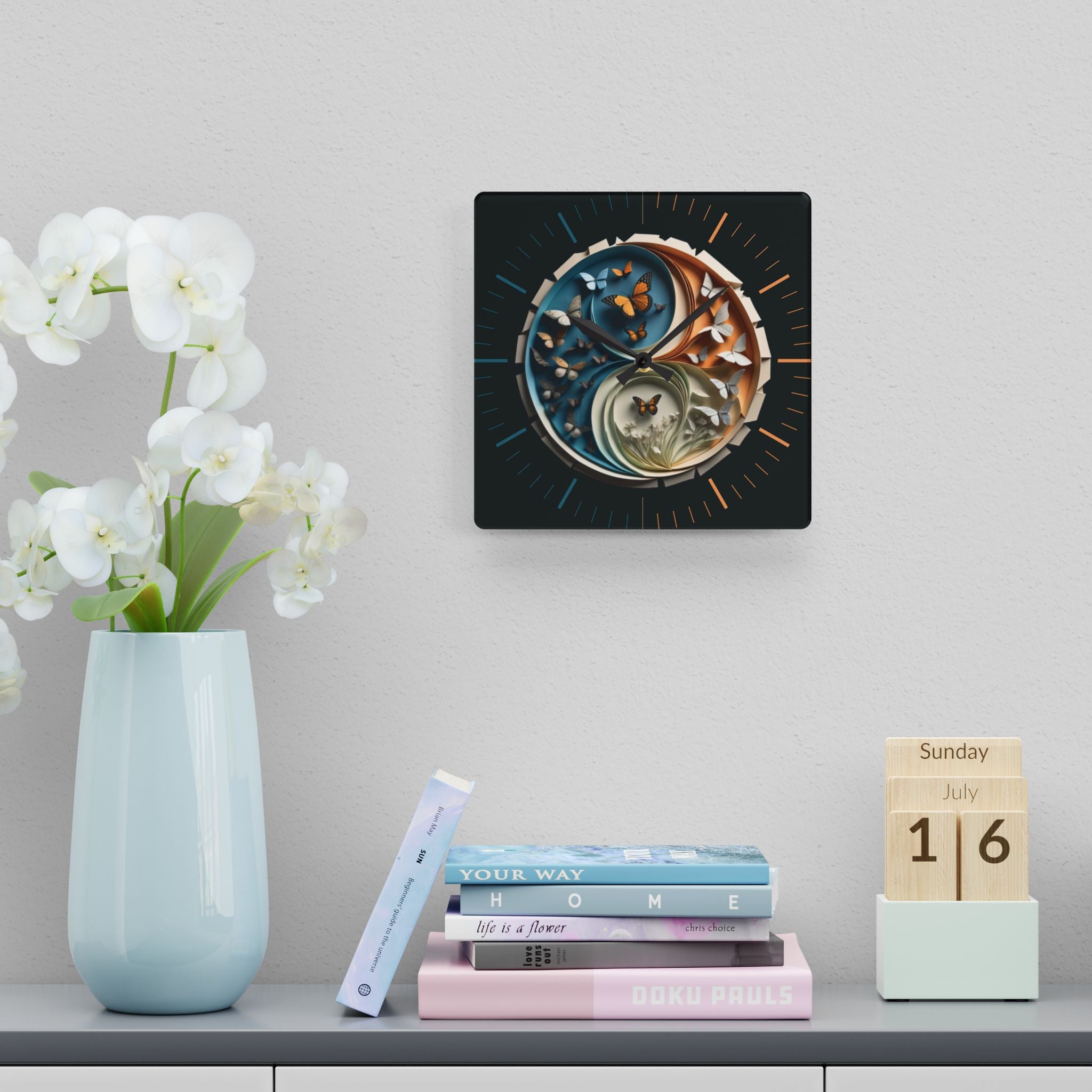 Origami Style Yin Yang Butterfly Acrylic Art Print Wall Clock Teal Orange — NOT Real Origami, Zen Home Decor