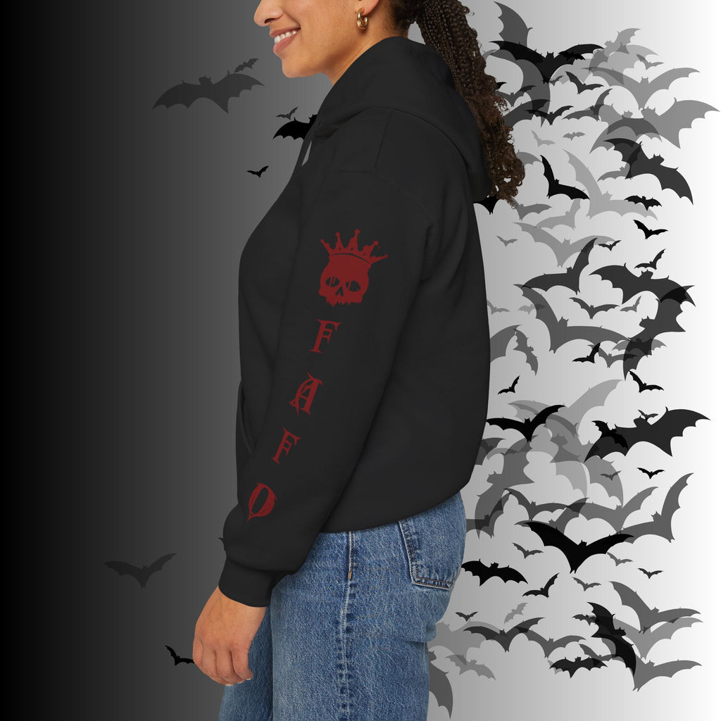 I Identify As a Threat Hoodie — Gothic Skull Sleeve Print Fuck Around Find Out