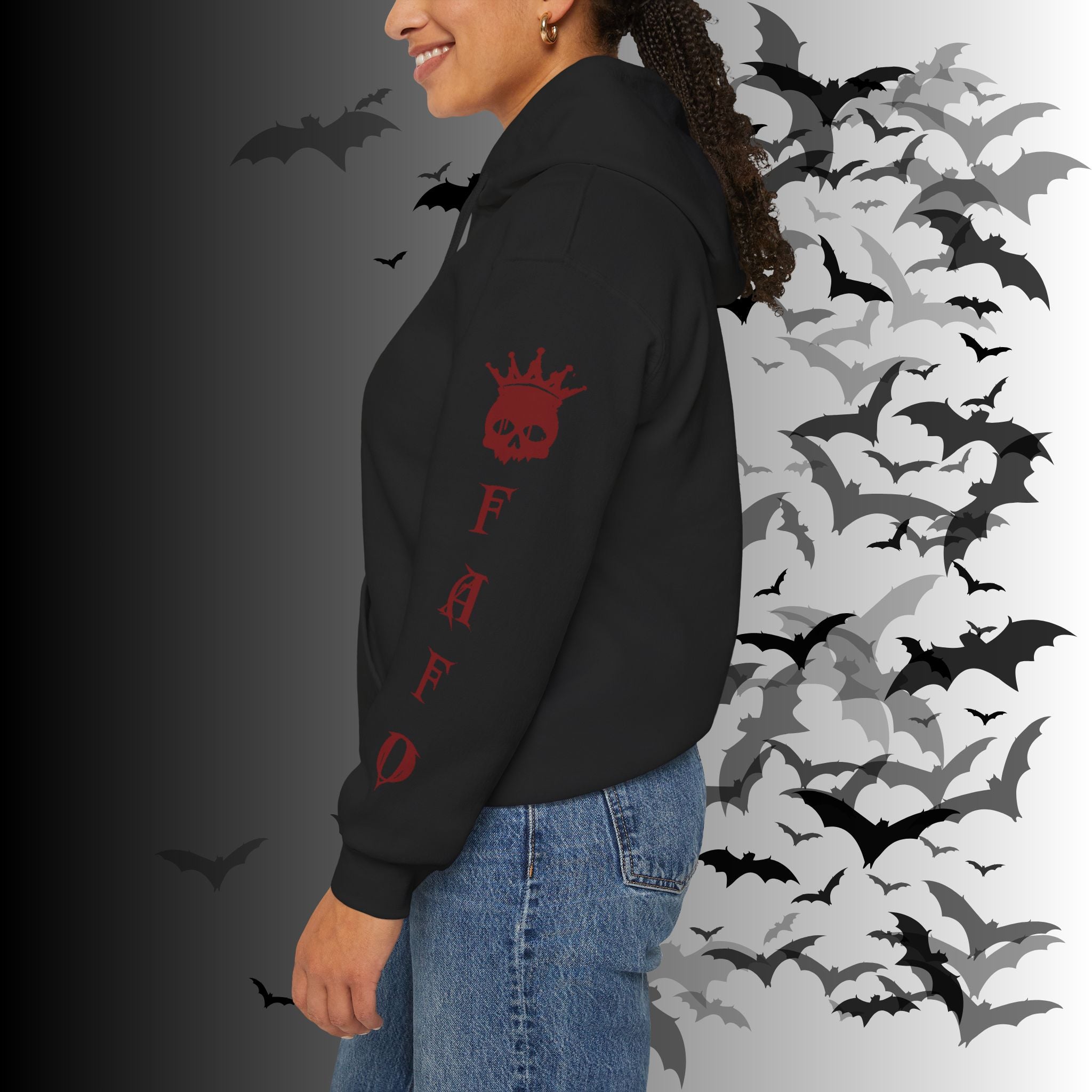 I Identify As a Threat Hoodie — Gothic Skull Sleeve Print Fuck Around Find Out