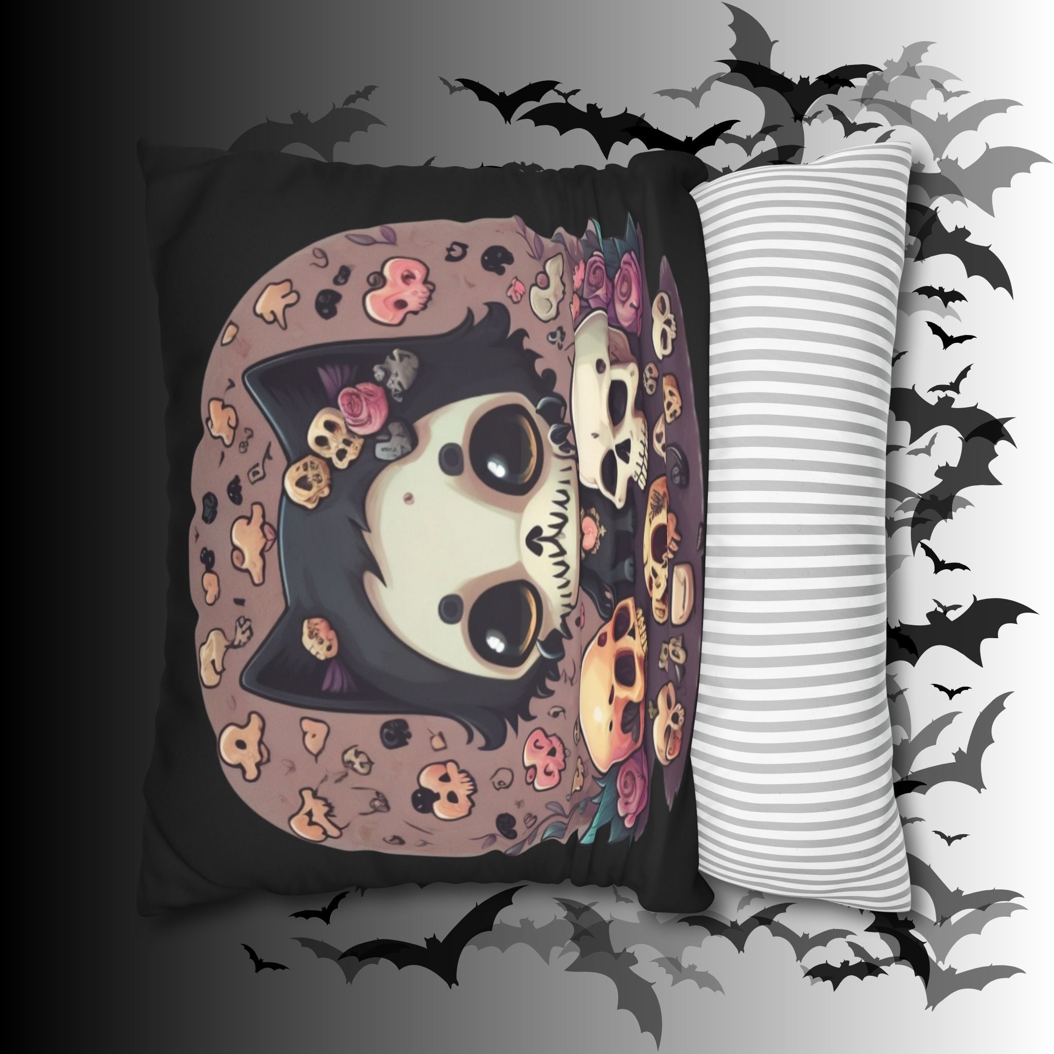 Gothic Skull Face Cat Throw Pillow — Creepy Cute Pastel Goth Home Decor
