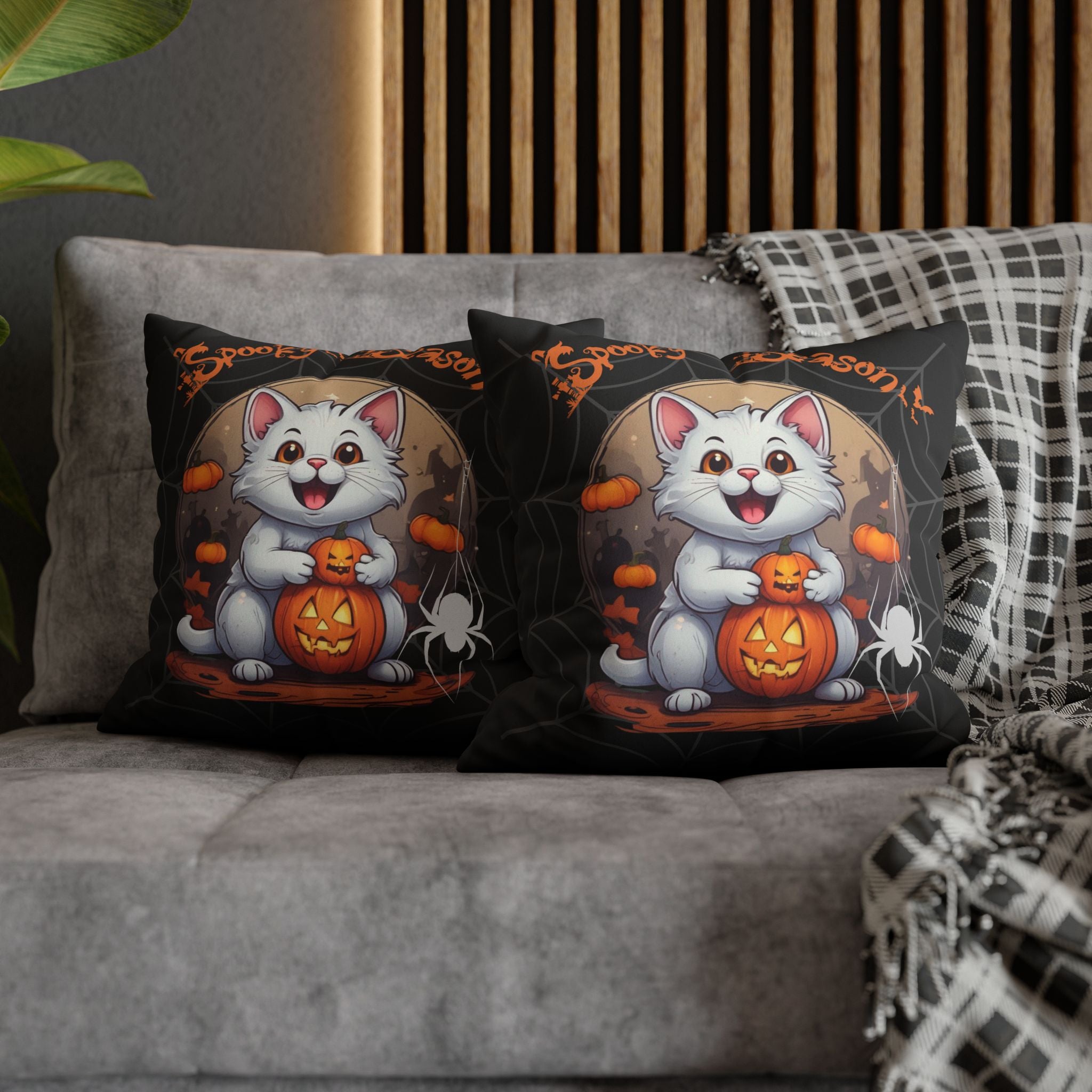 Spooky Season Cat Halloween Throw Pillow — Pumpkin Dark Home Decor