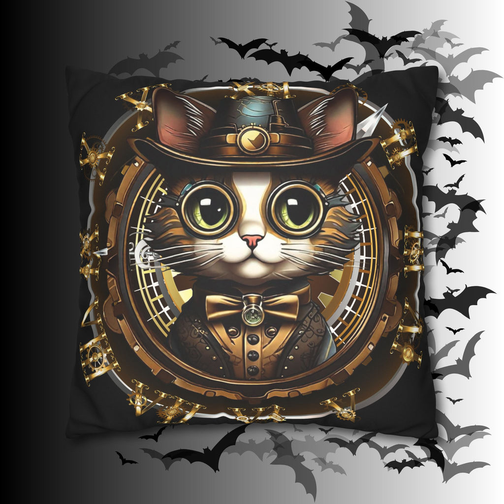 Steampunk Cat Throw Pillow — Vintage Industrial Gothic Home Decor