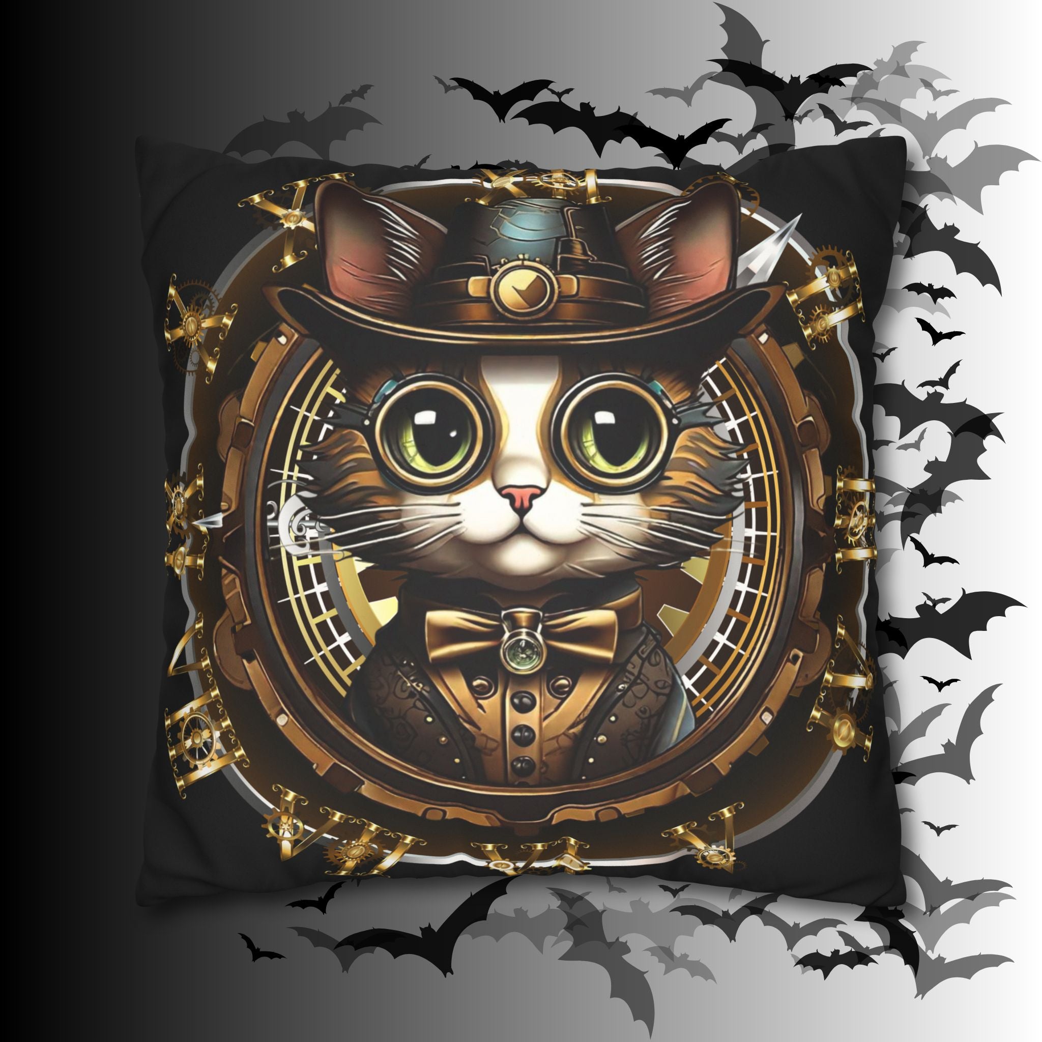Steampunk Cat Throw Pillow — Vintage Industrial Gothic Home Decor