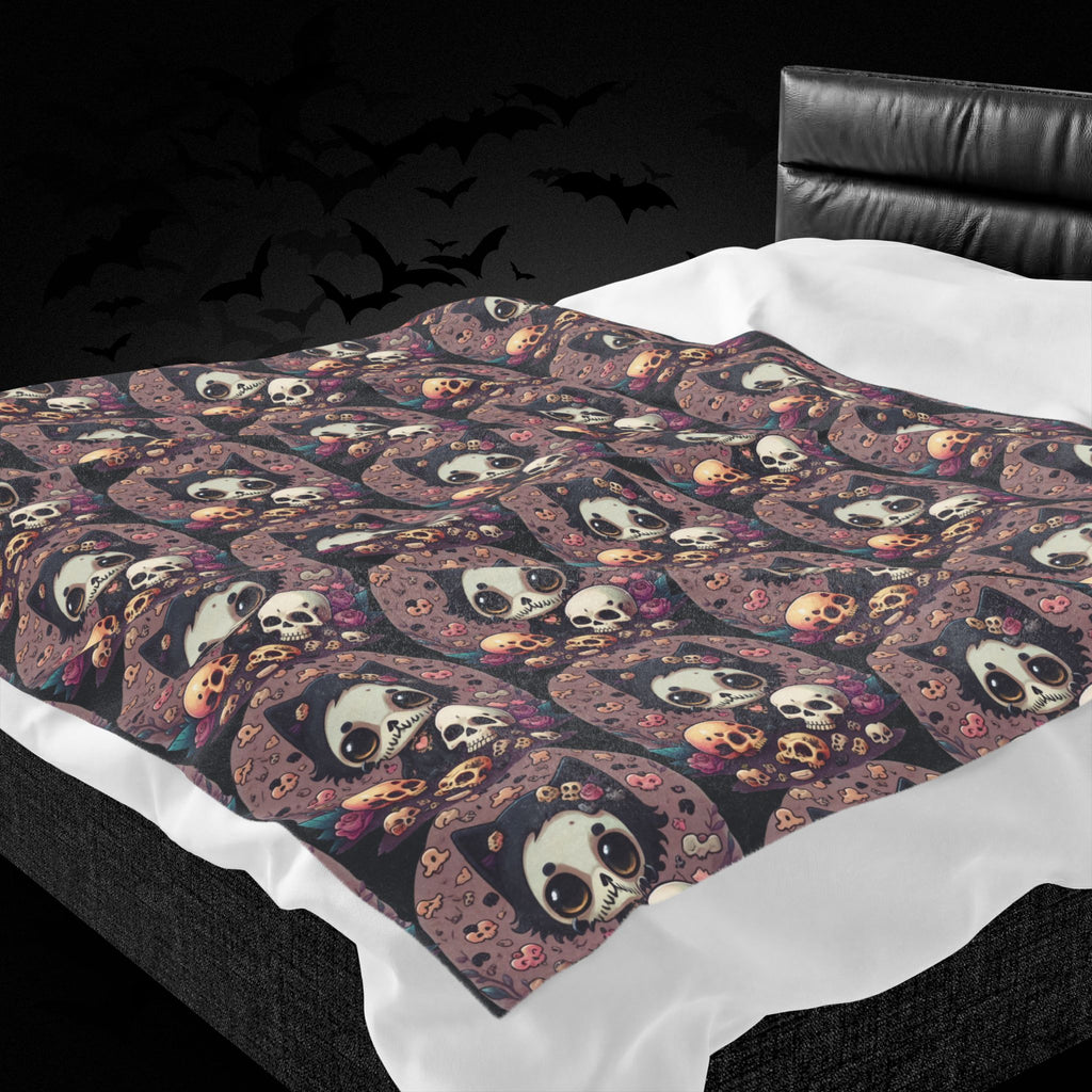 Kawaii Skull Cat Throw Blanket — Creepy Cute Gothic Home Decor
