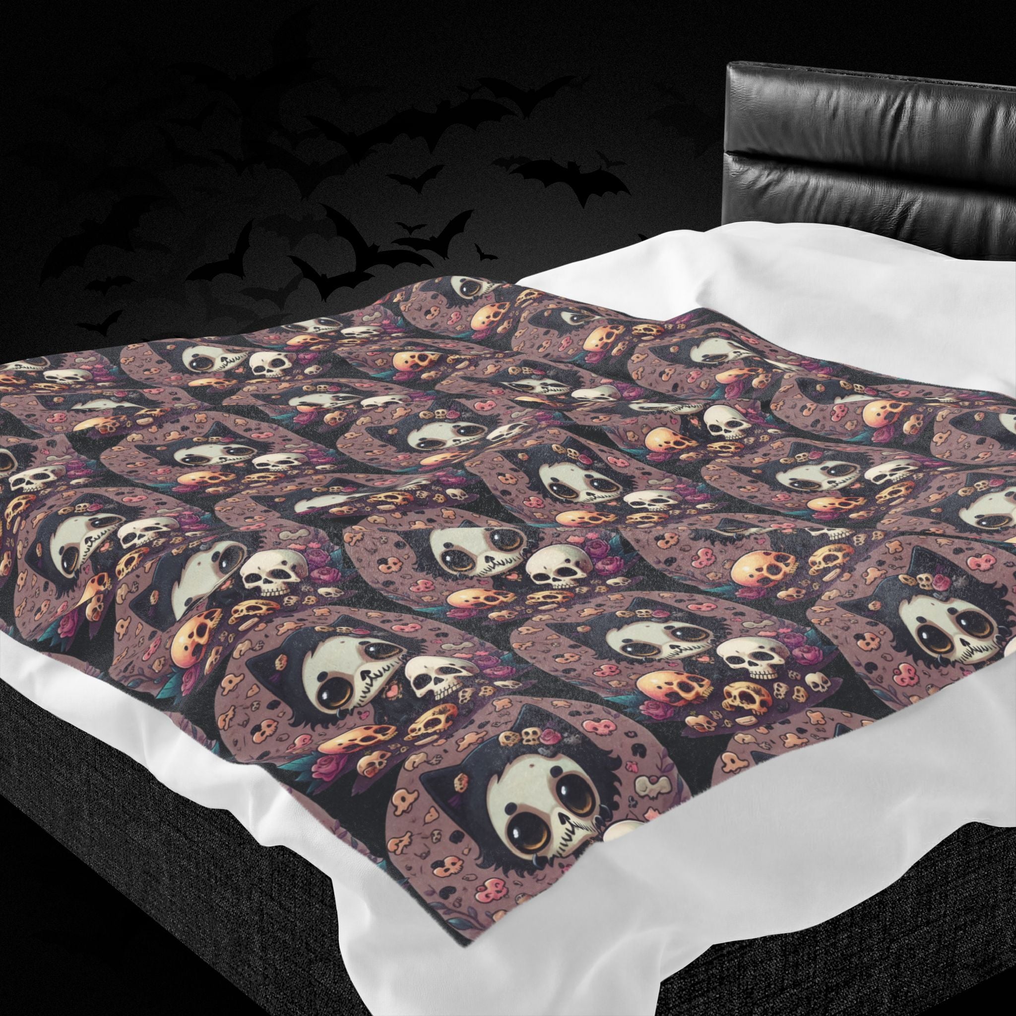Kawaii Skull Cat Throw Blanket — Creepy Cute Gothic Home Decor