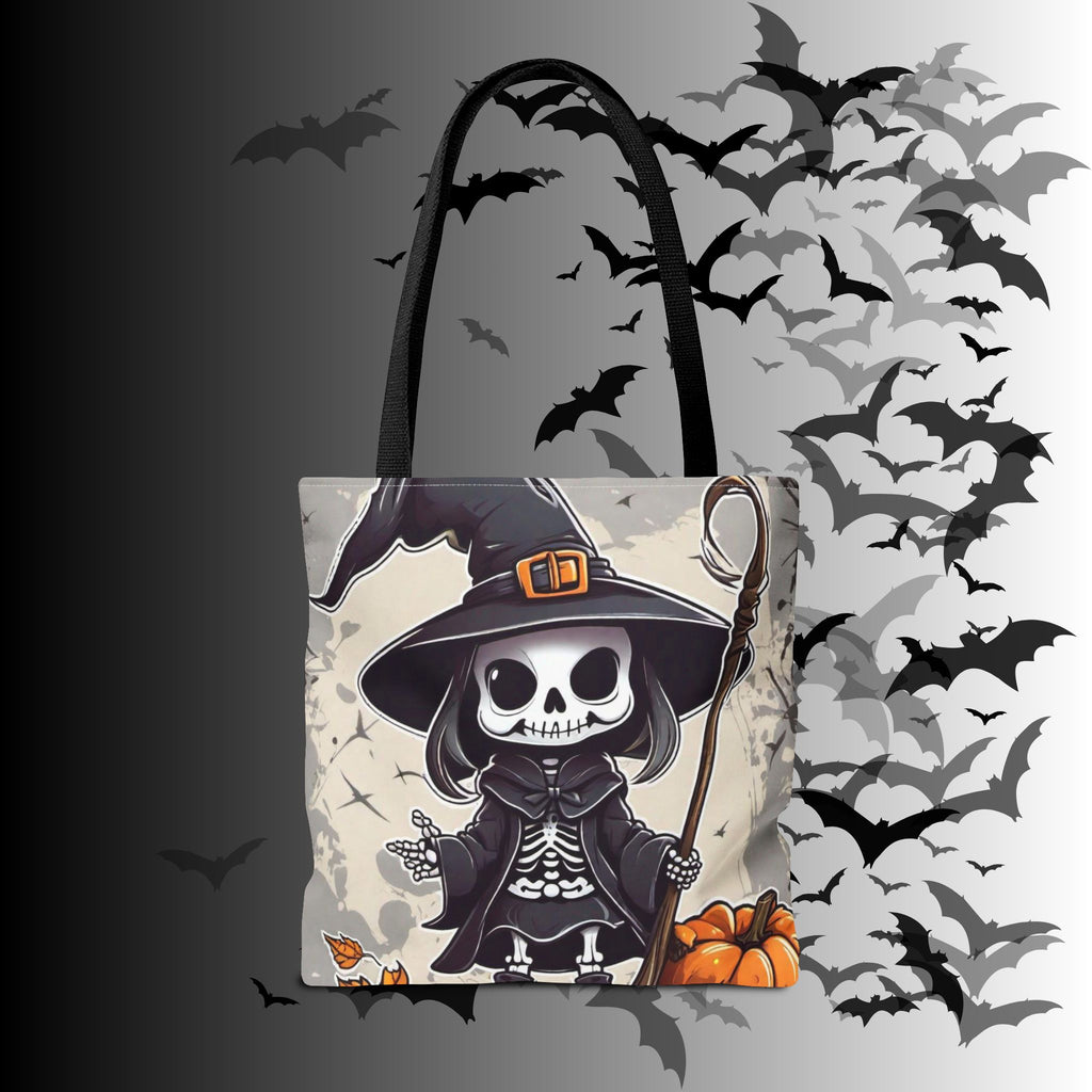 Skeleton Witch Halloween Tote Bag — Spooky Chibi Witch Print