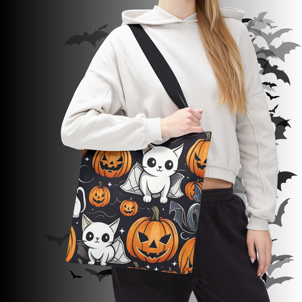 Kawaii Bat Cat Halloween Tote Bag — Spooky Pumpkin Pattern