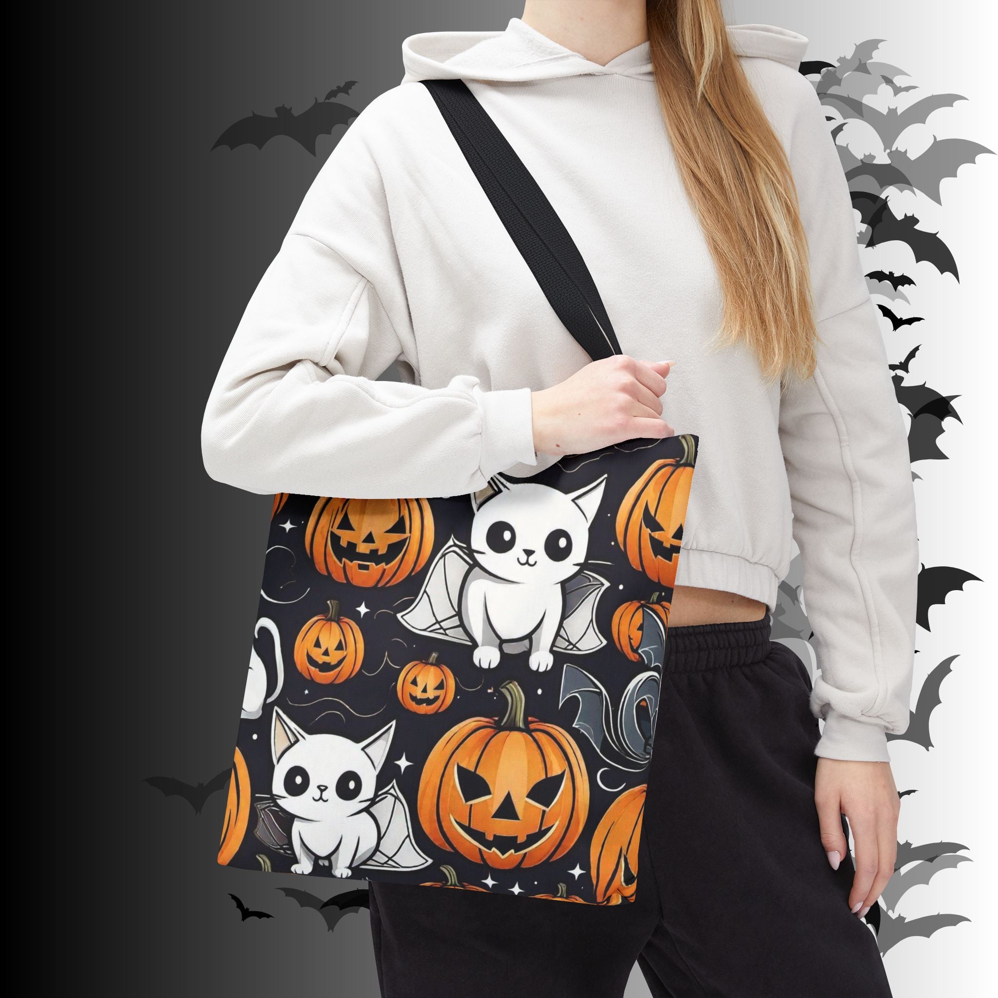 Kawaii Bat Cat Halloween Tote Bag — Spooky Pumpkin Pattern
