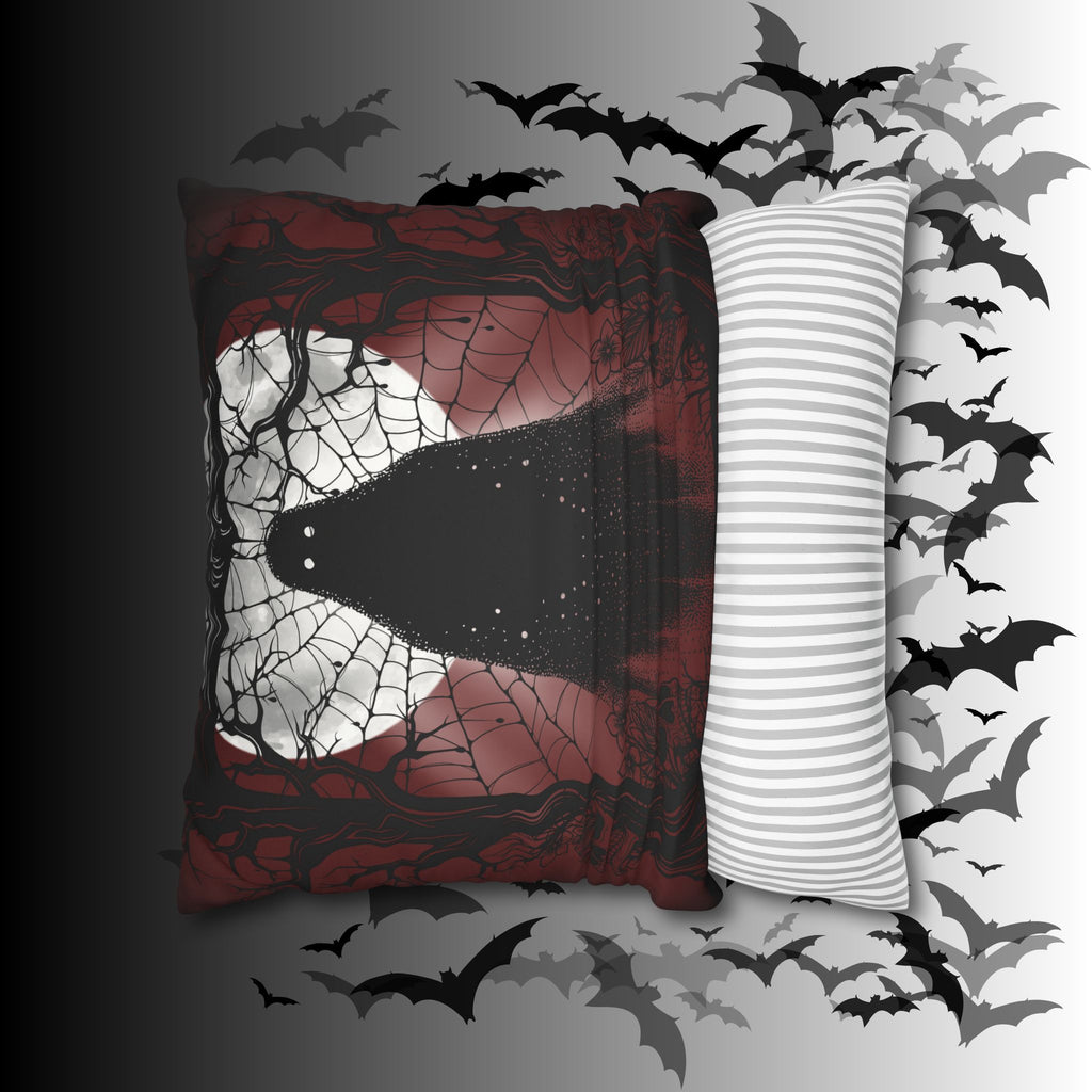 Gothic Ghost Cobweb Moon Throw Pillow — Spooky Halloween Dark Home Decor