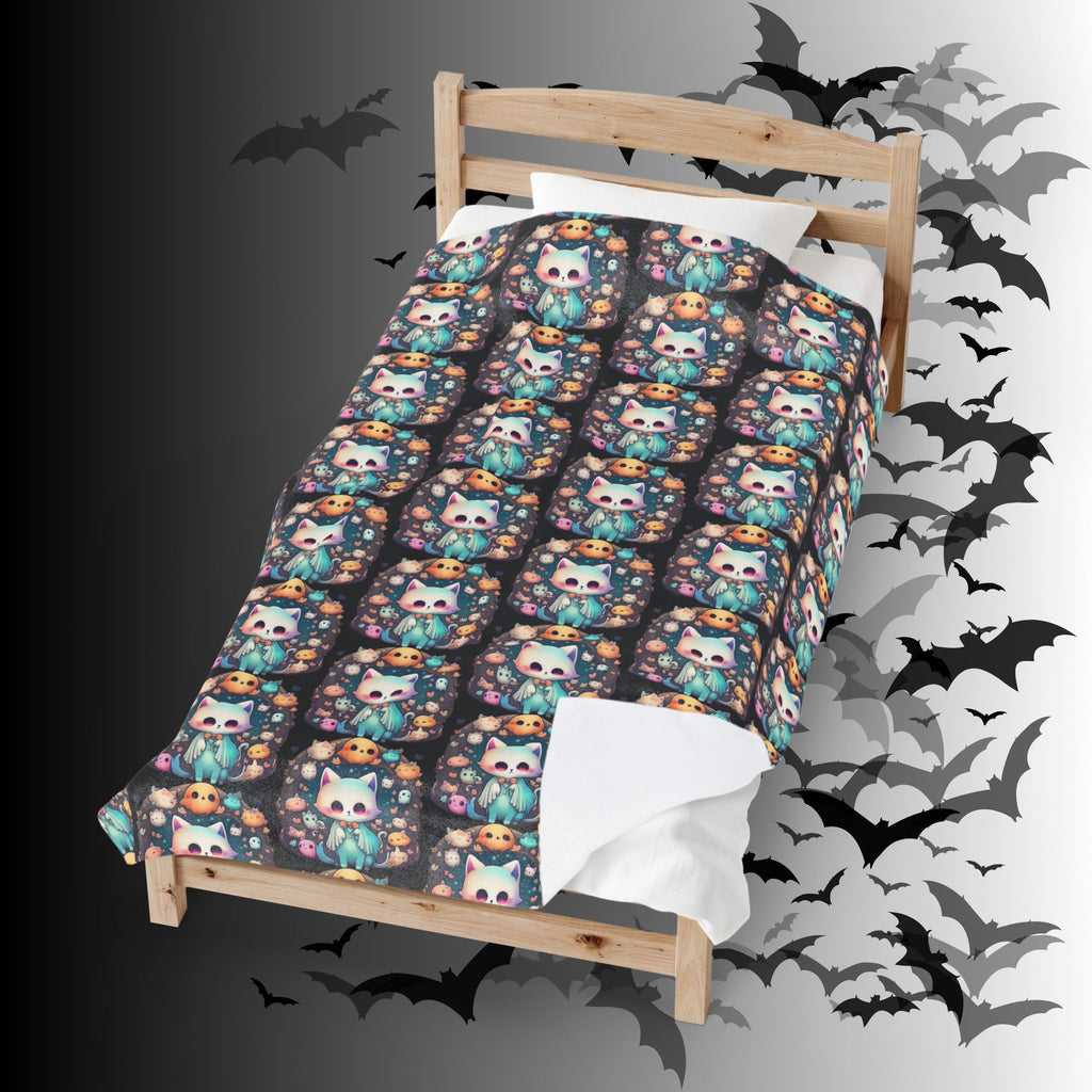 Creepy Cute Kawaii Cat Throw Blanket — Pastel Goth Ghost Dark Home Decor