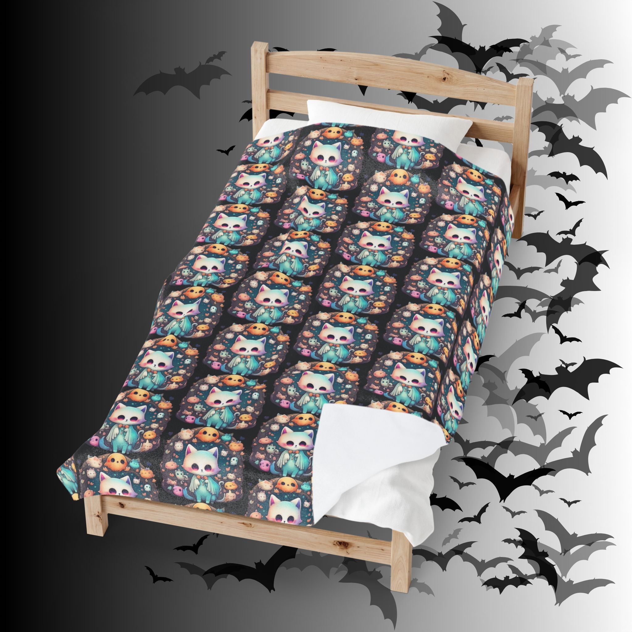 Creepy Cute Kawaii Cat Throw Blanket — Pastel Goth Ghost Dark Home Decor