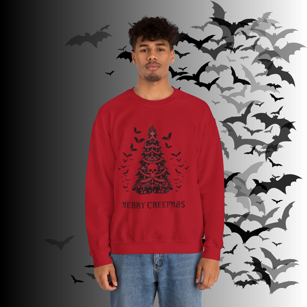 Merry Creepmas Tree Crewneck Sweatshirt — Gothic Christmas Skull Bat