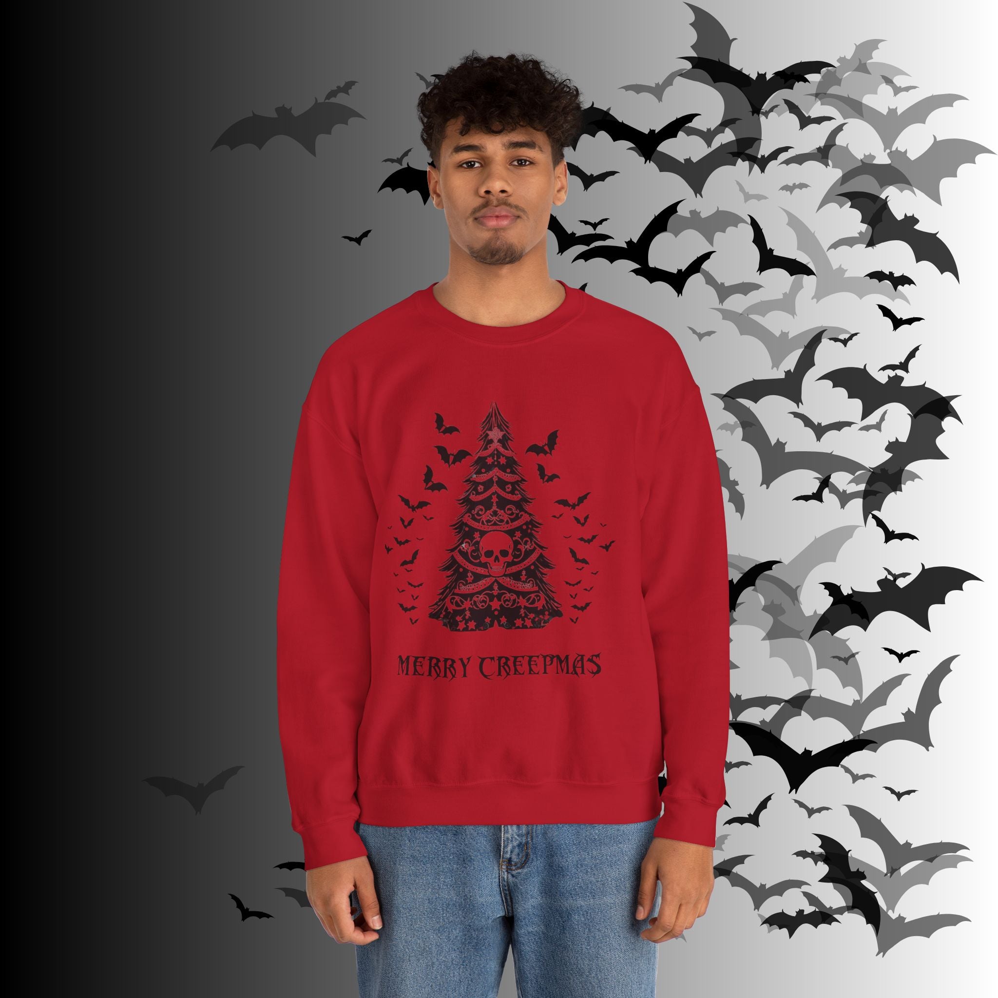 Merry Creepmas Tree Crewneck Sweatshirt — Gothic Christmas Skull Bat