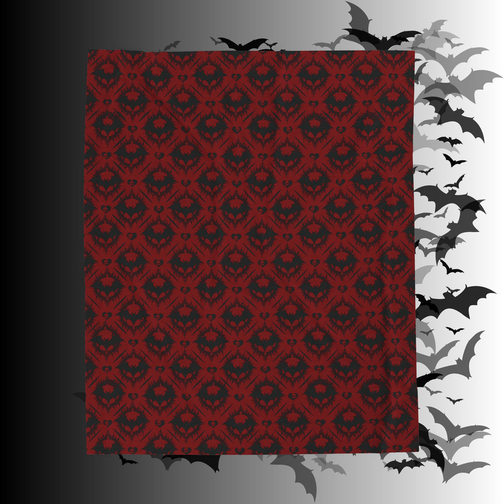 Gothic Bat & Skull Heart Throw Blanket — Crimson Red Colorway