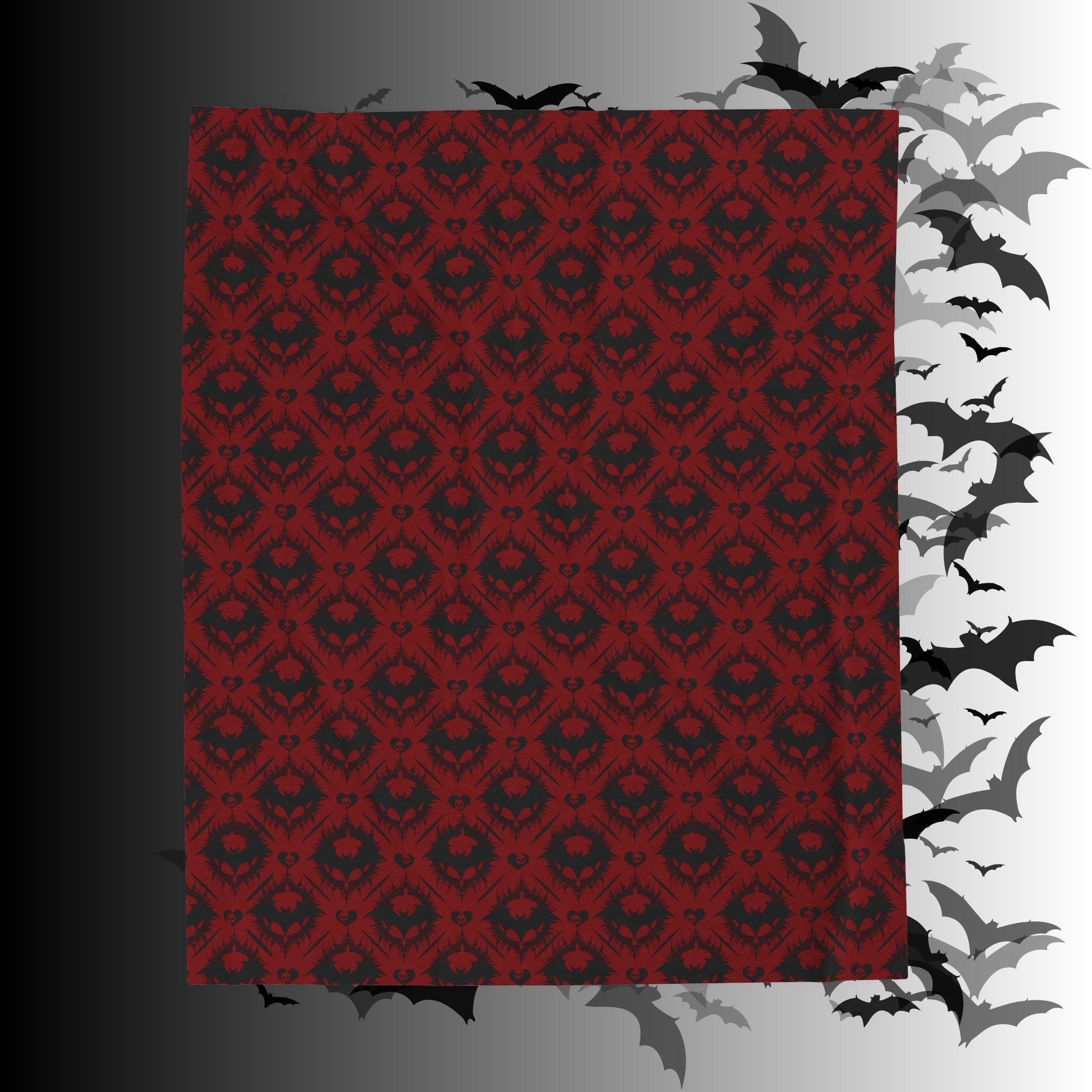 Gothic Bat & Skull Heart Throw Blanket — Crimson Red Colorway