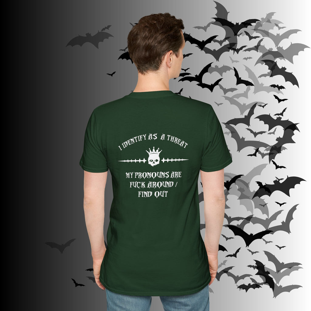 "FAFO" I Identify As A Threat T-Shirt — White Print Front & Back Gothic Tee