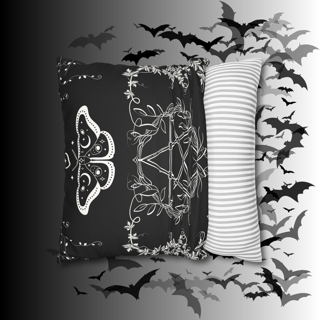 Witchy Moth Pentagram Throw Pillow — Botanical Gothic Dark Home Decor
