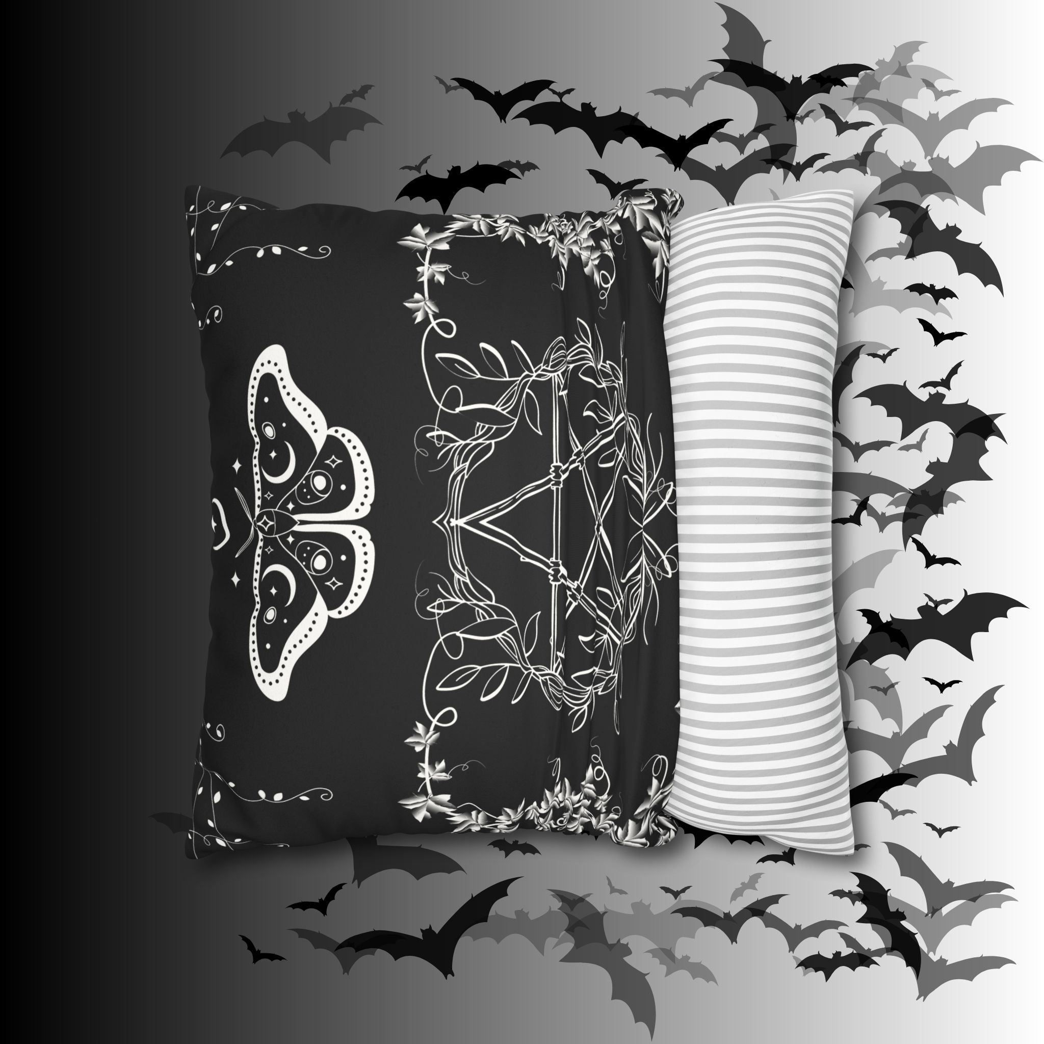 Witchy Moth Pentagram Throw Pillow — Botanical Gothic Dark Home Decor