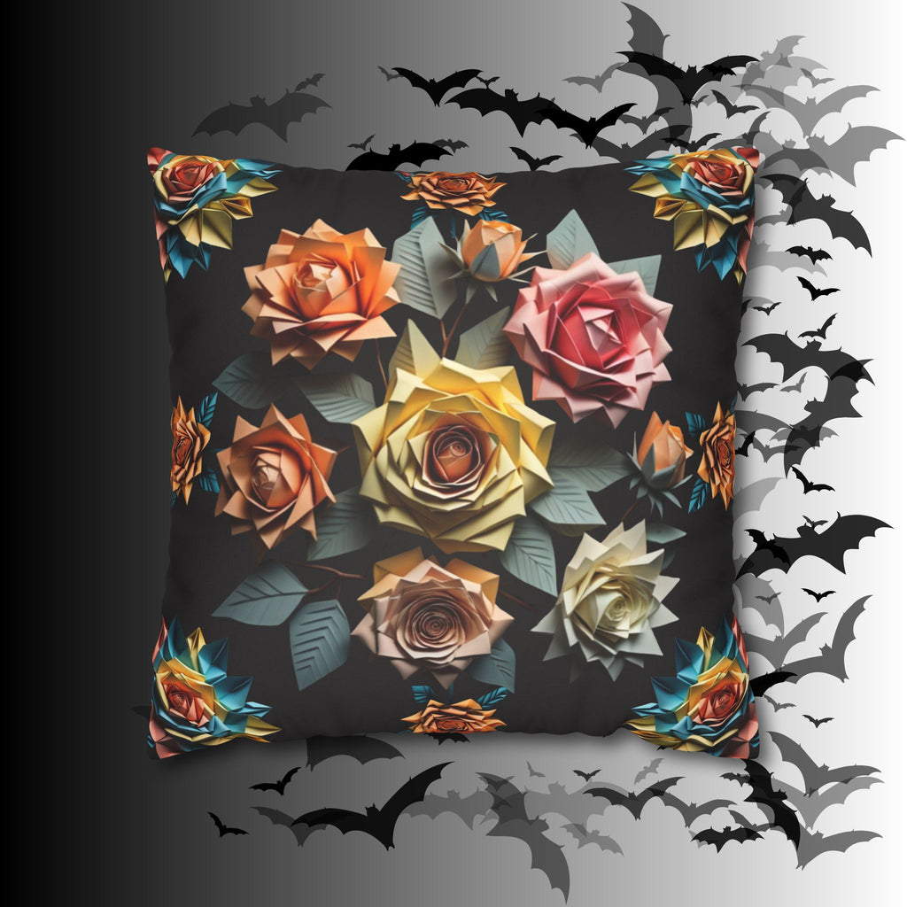 Gothic Origami Rose Throw Pillow — Dark Floral Botanical Home Decor