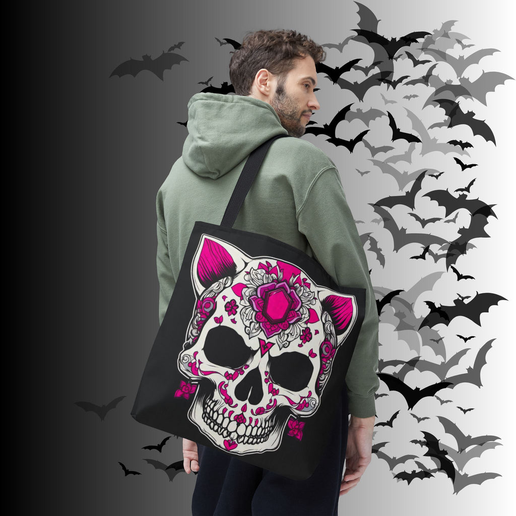 Pink Sugar Skull Cat Tote Bag — Day of the Dead Floral Design