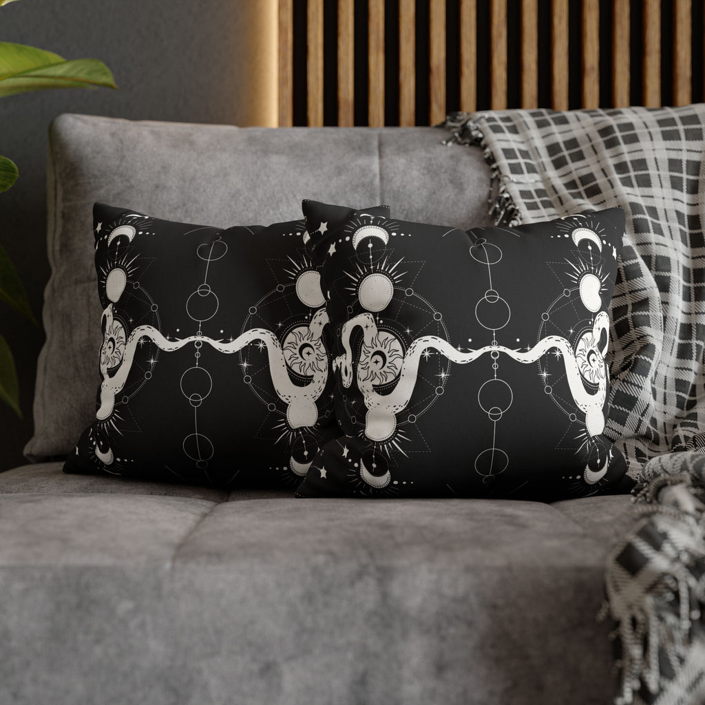 Celestial Snake Moon Phases Throw Pillow — Witchy Gothic Dark Home Decor