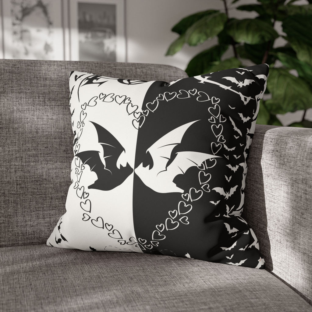 Gothic Bats Heart Throw Pillow — Black White Halloween Dark Home Decor