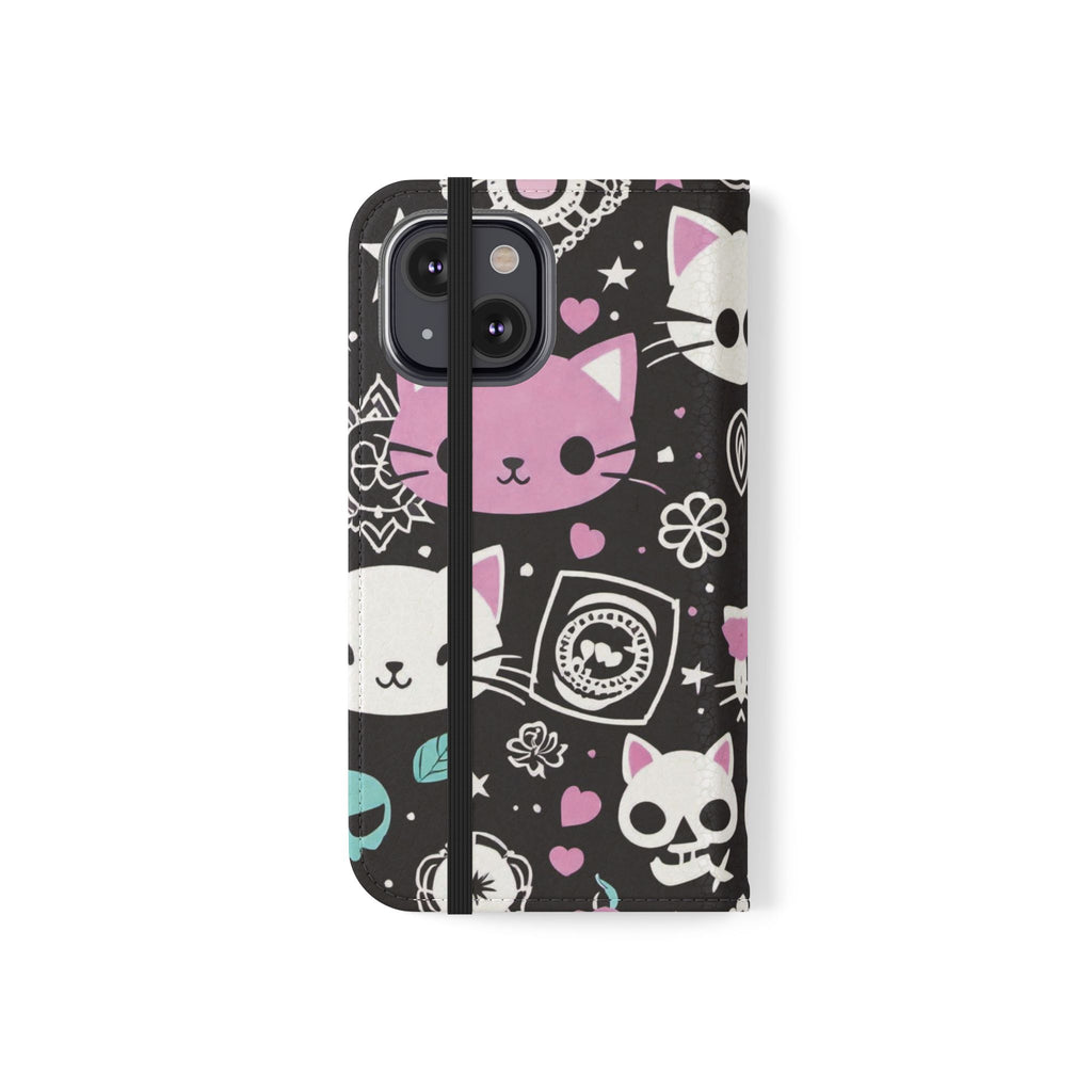 Pastel Goth Cat Flip Wallet Phone Case - Goth Cat Wallet Case for Samsung iPhone - Gothic Style Cats Wallet Phone Cases