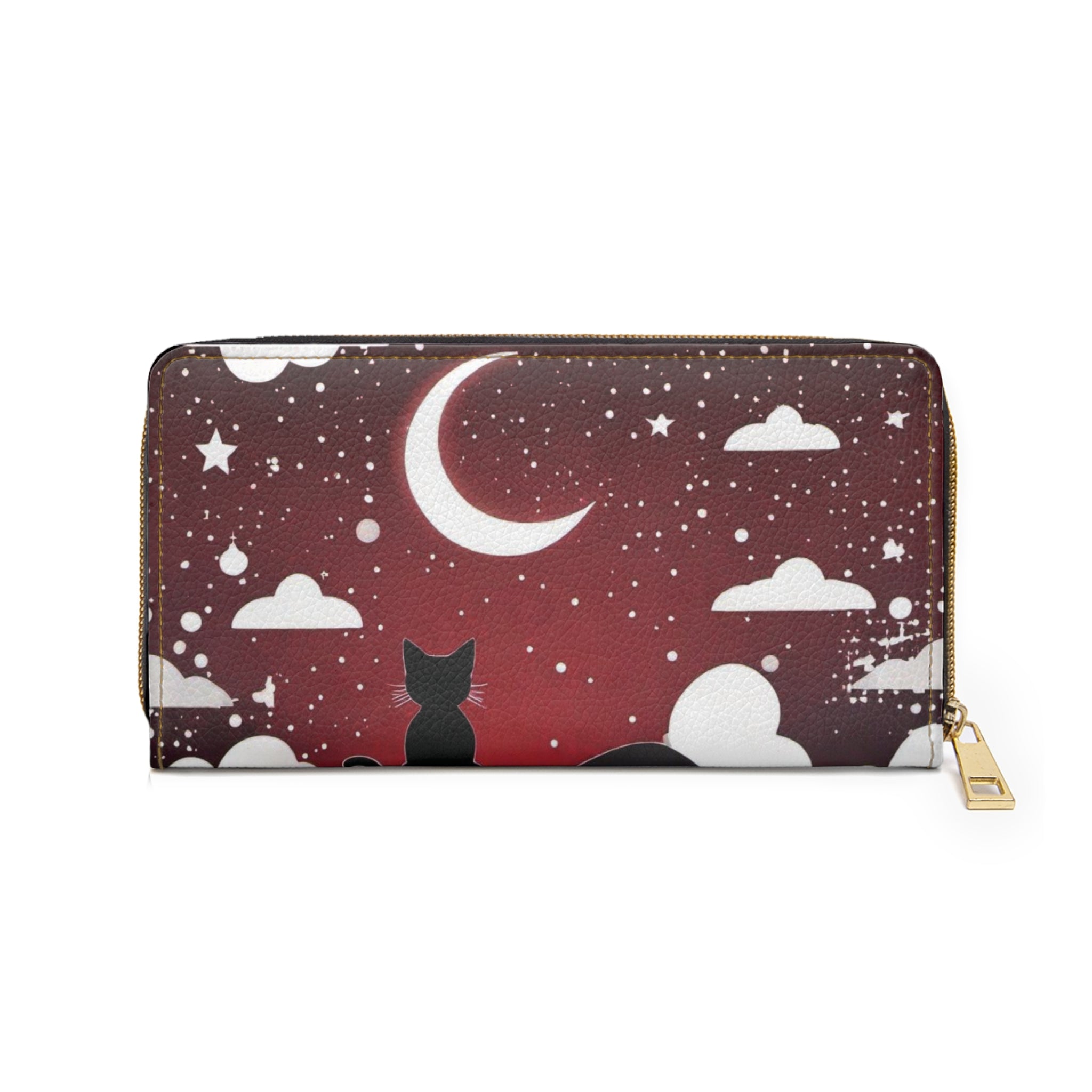 Gothic Black Cat Crescent Moon Wallet | Crimson Night Sky Faux Leather Zipper Clutch