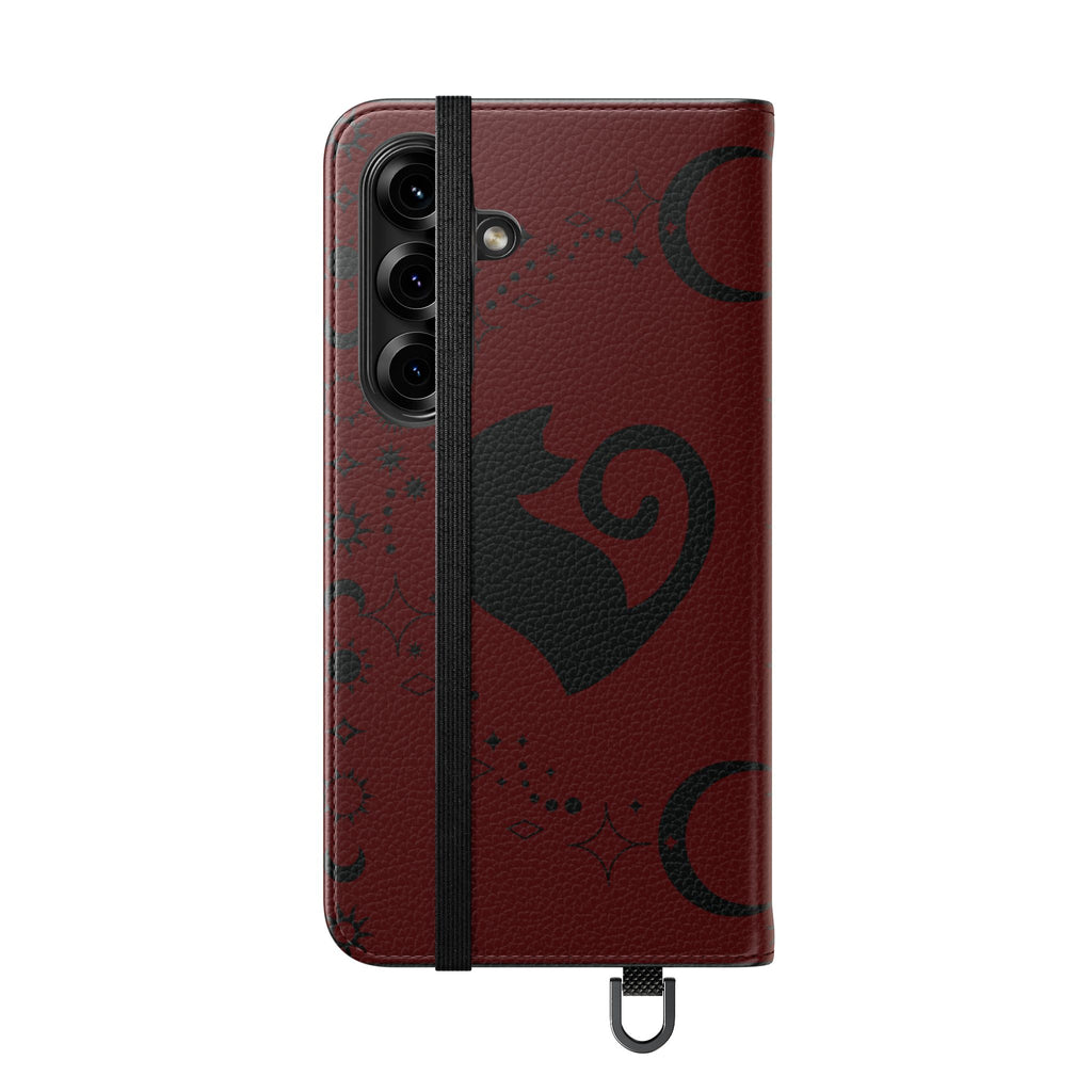 Dark Academia Celestial Black Cat Flip Wallet Case for iPhone and Samsung Galaxy Phones