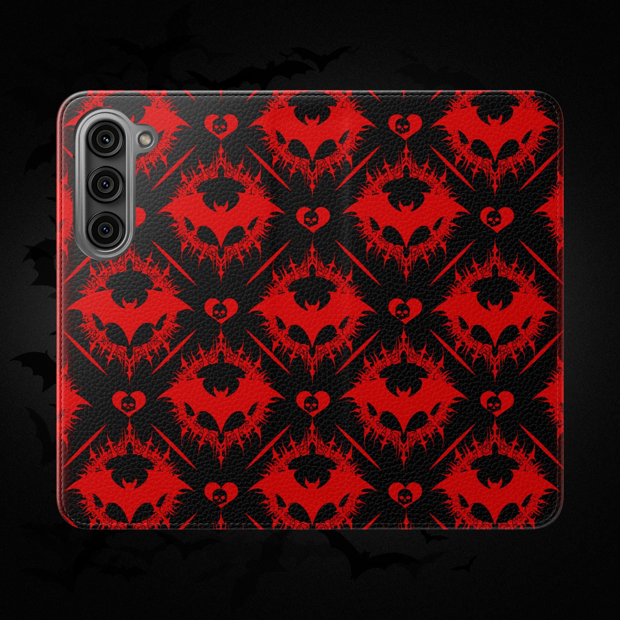 Gothic Bat Wallet Flip Case - Elegant Goth Phone Wallet - Bat Pattern Flip Case - Gothic Phone Case - Stylish Wallet Phone Case