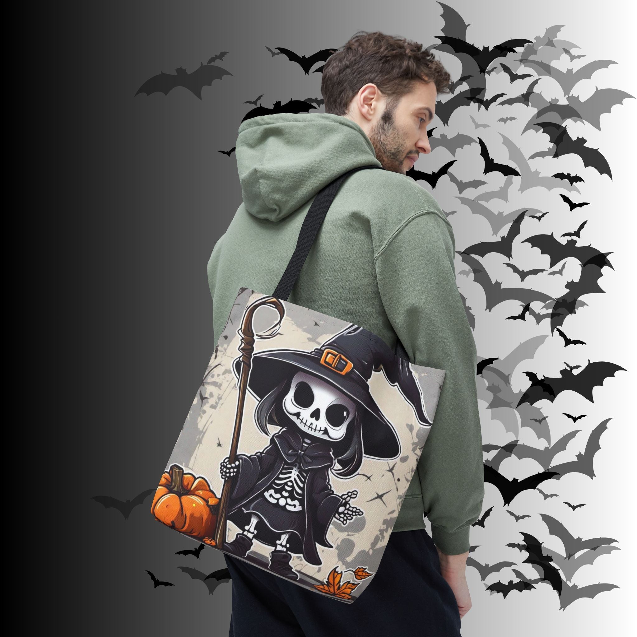 Skeleton Witch Halloween Tote Bag — Spooky Chibi Witch Print