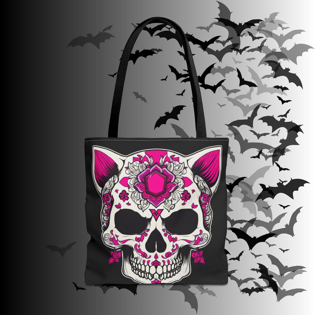 Pink Sugar Skull Cat Tote Bag — Day of the Dead Floral Design
