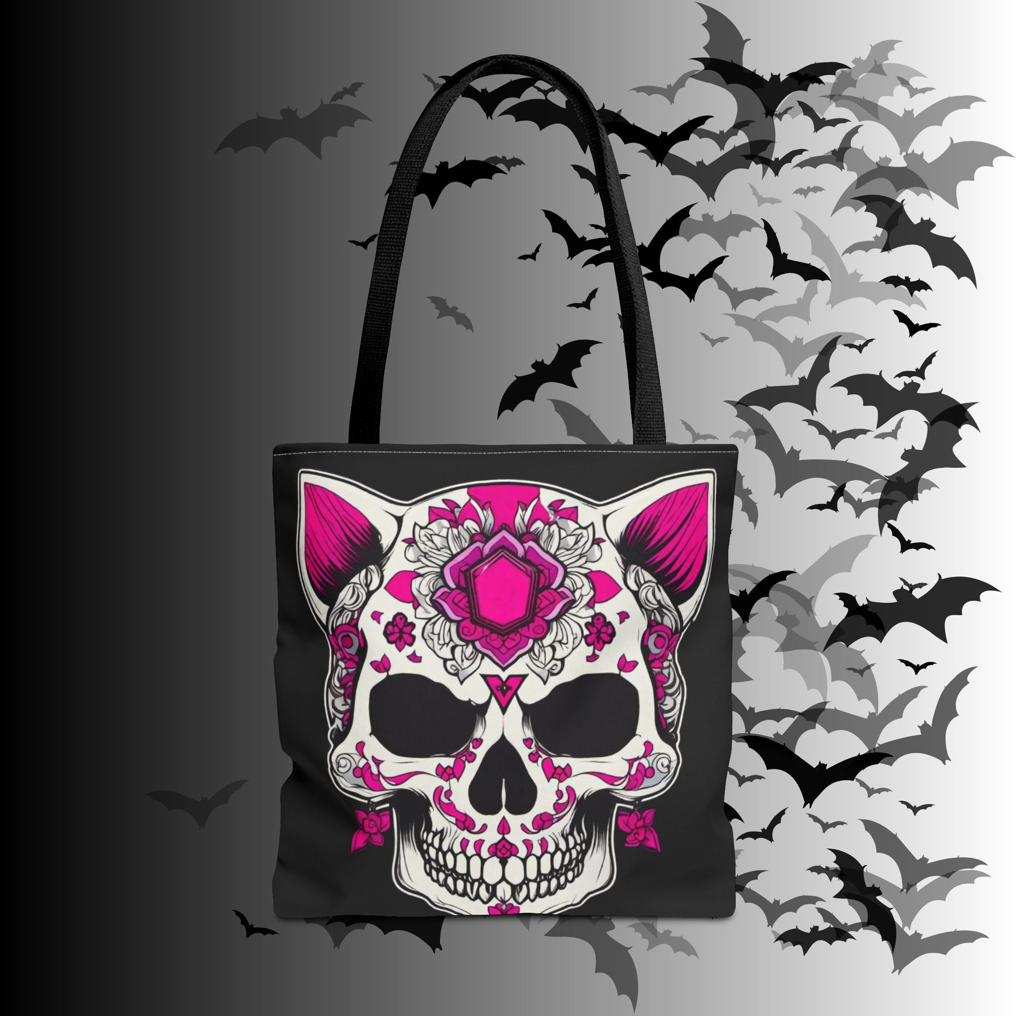 Pink Sugar Skull Cat Tote Bag — Day of the Dead Floral Design