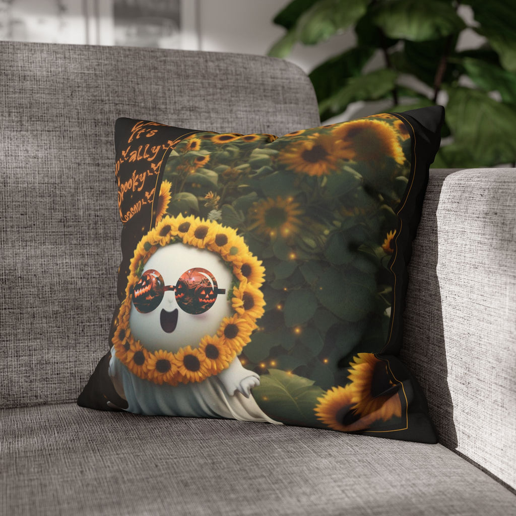 Spooky Season Ghost Sunflower Throw Pillow — Halloween Dark Home Decor