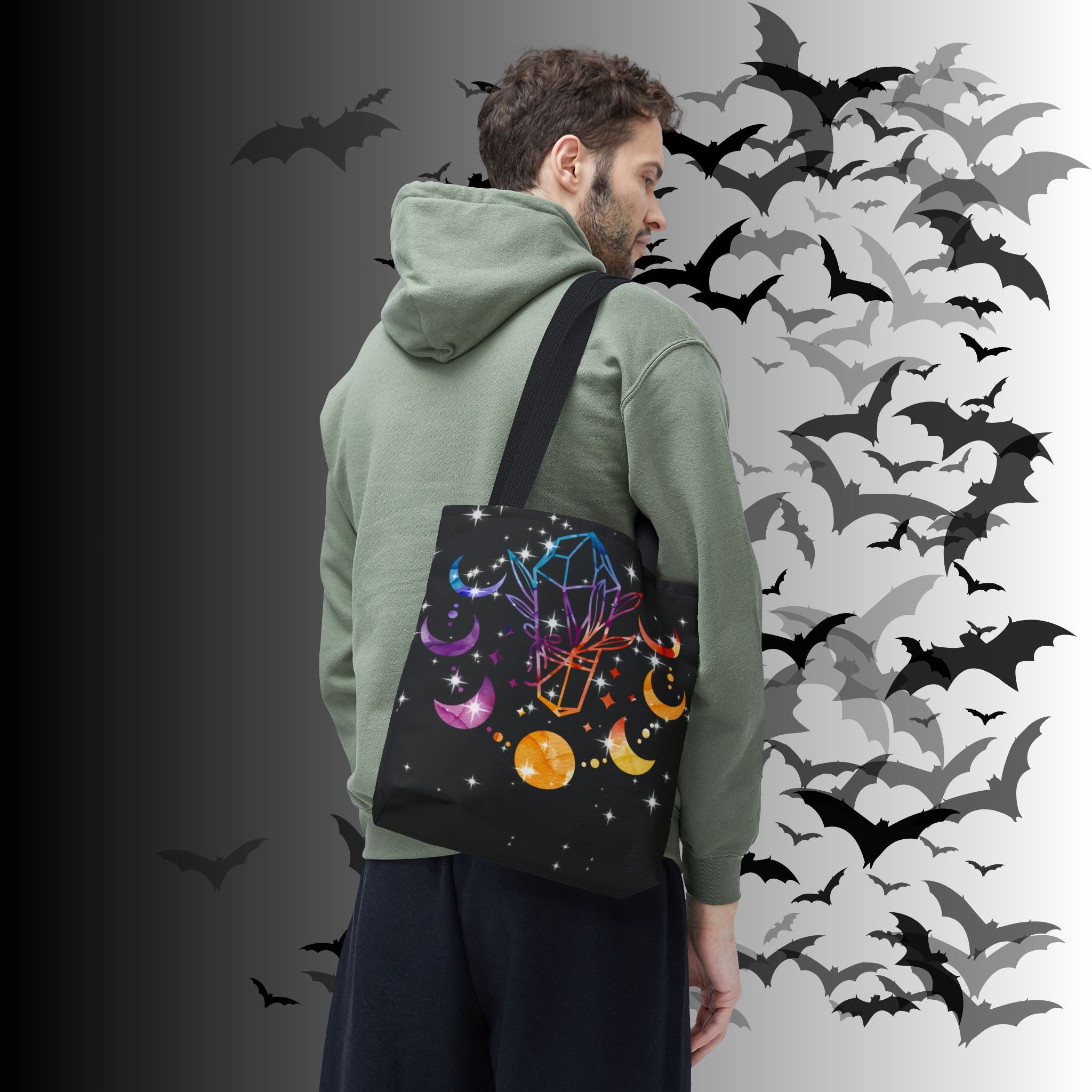 Rainbow Crystal Moon Phase Tote Bag — Celestial Witchy Print