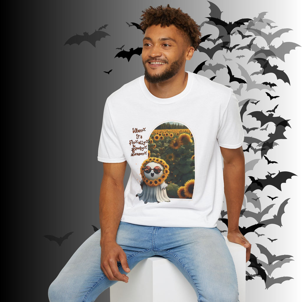 "When It's Finally Spooky Season" Ghost Sunflower T-Shirt — Halloween Tee