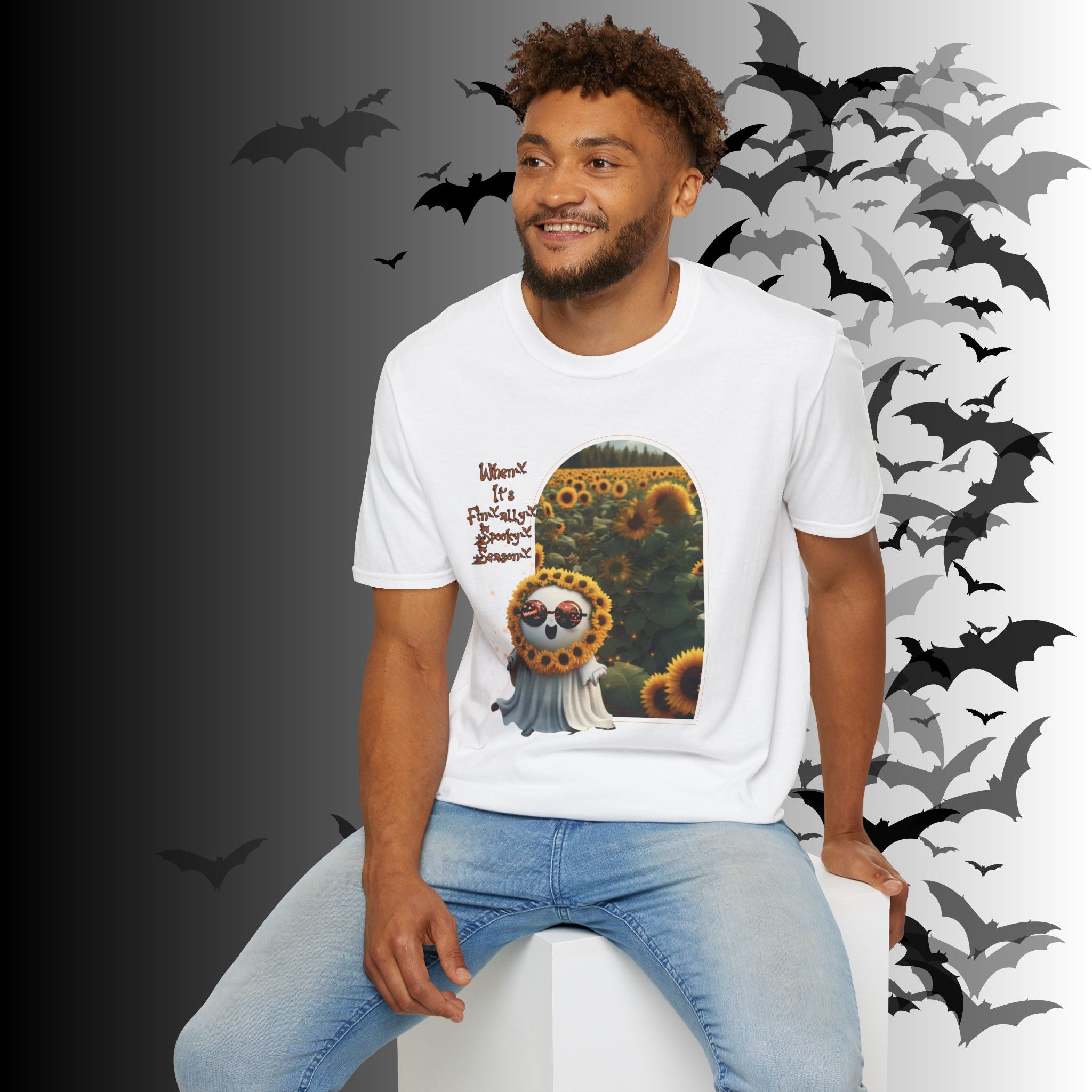 "When It's Finally Spooky Season" Ghost Sunflower T-Shirt — Halloween Tee