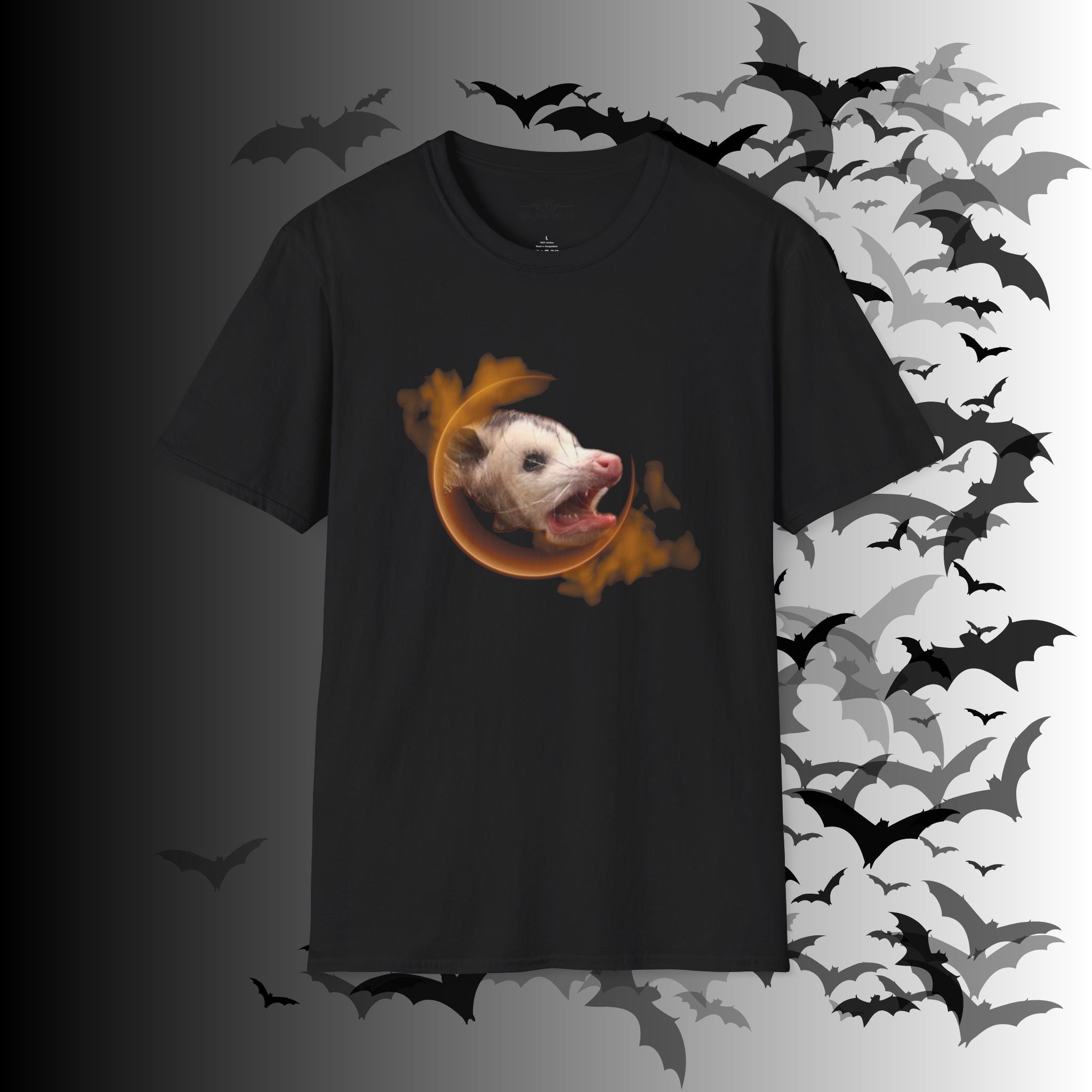 Black t-shirt with photo-realistic screaming possum bursting through a glowing amber circle with flame wisps on a black background