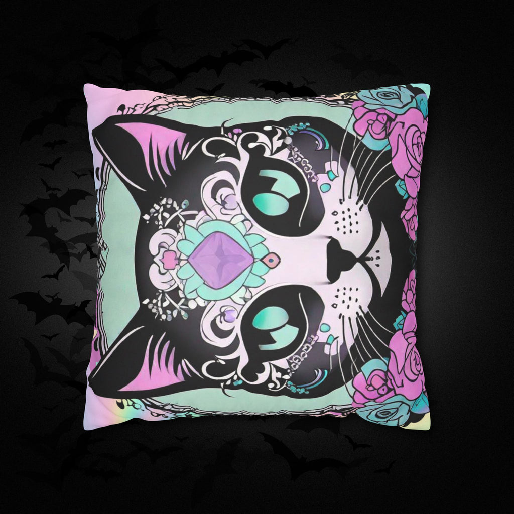 Pastel Goth Sugar Skull Cat Throw Pillow — Floral Gothic Home Decor
