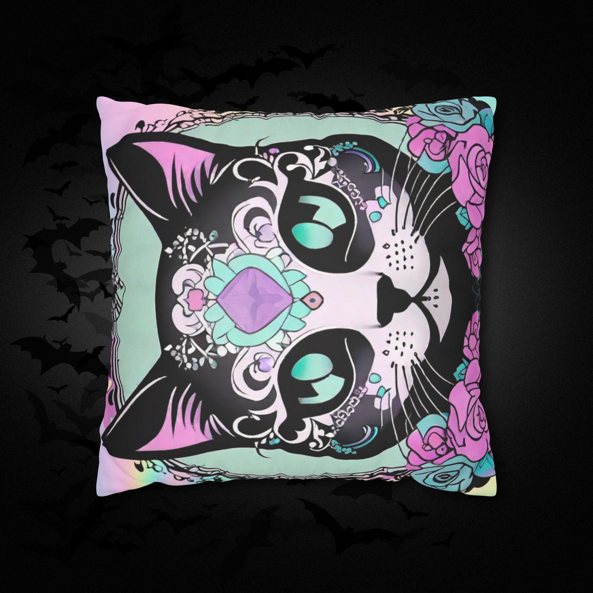 Pastel Goth Sugar Skull Cat Throw Pillow — Floral Gothic Home Decor