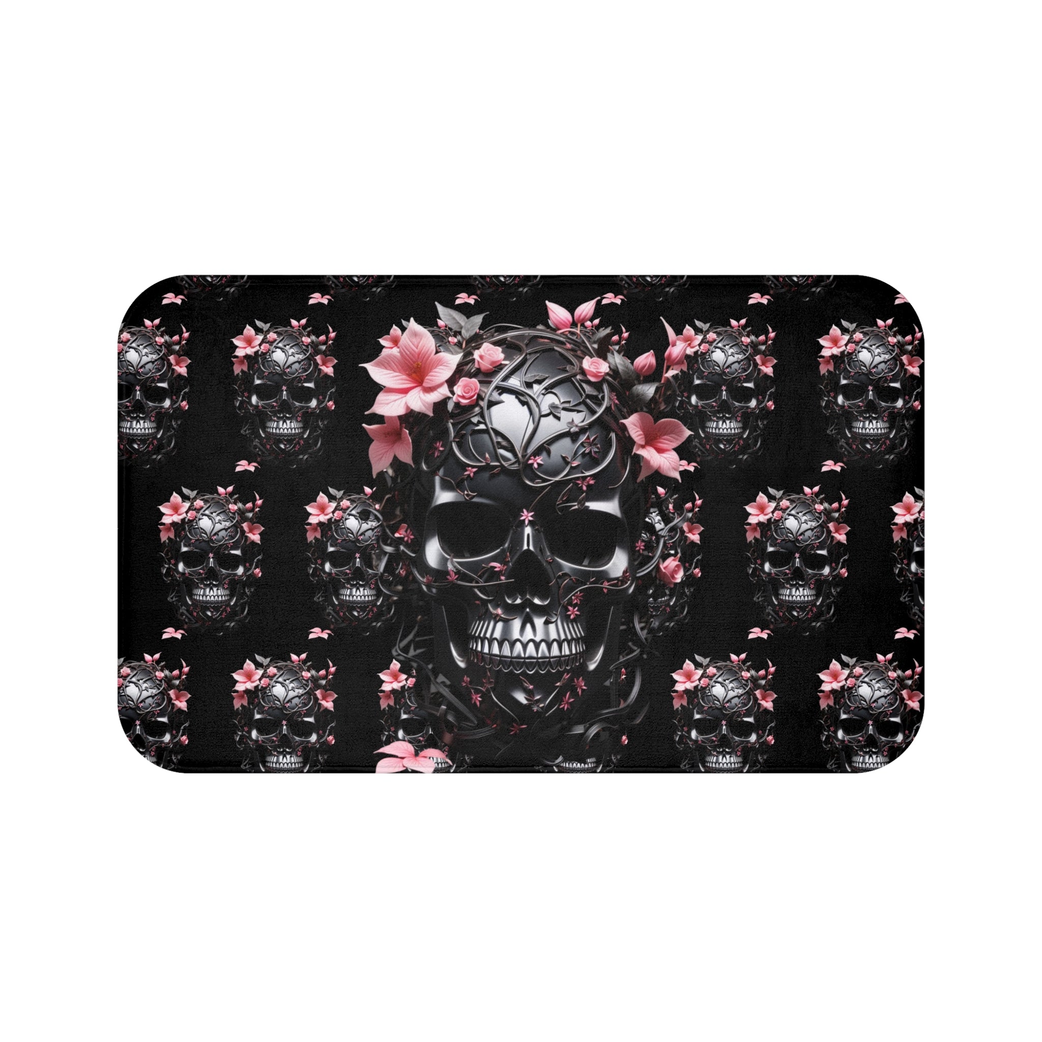 Gothic Floral Skull Bath Mat — Dark Botanical Bathroom Decor