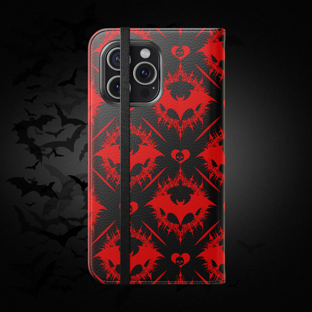 Gothic Bat Wallet Flip Case - Elegant Goth Phone Wallet - Bat Pattern Flip Case - Gothic Phone Case - Stylish Wallet Phone Case